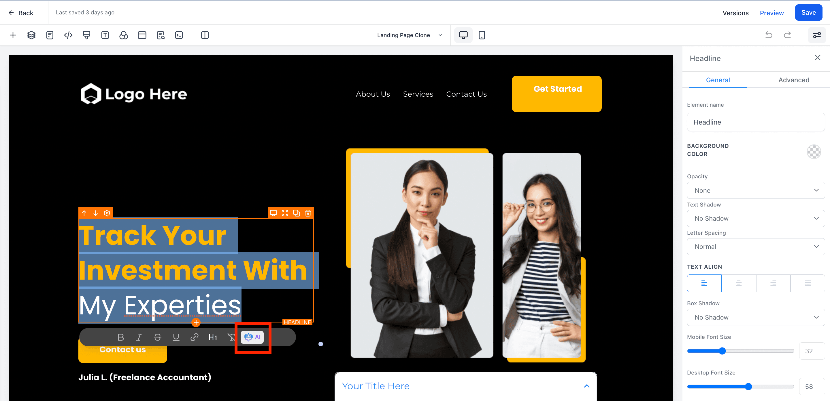 Schermata 4 — Come correggere grammatica e ortografia, allungare i contenuti e migliorare la scrittura in Funnel e Siti Web