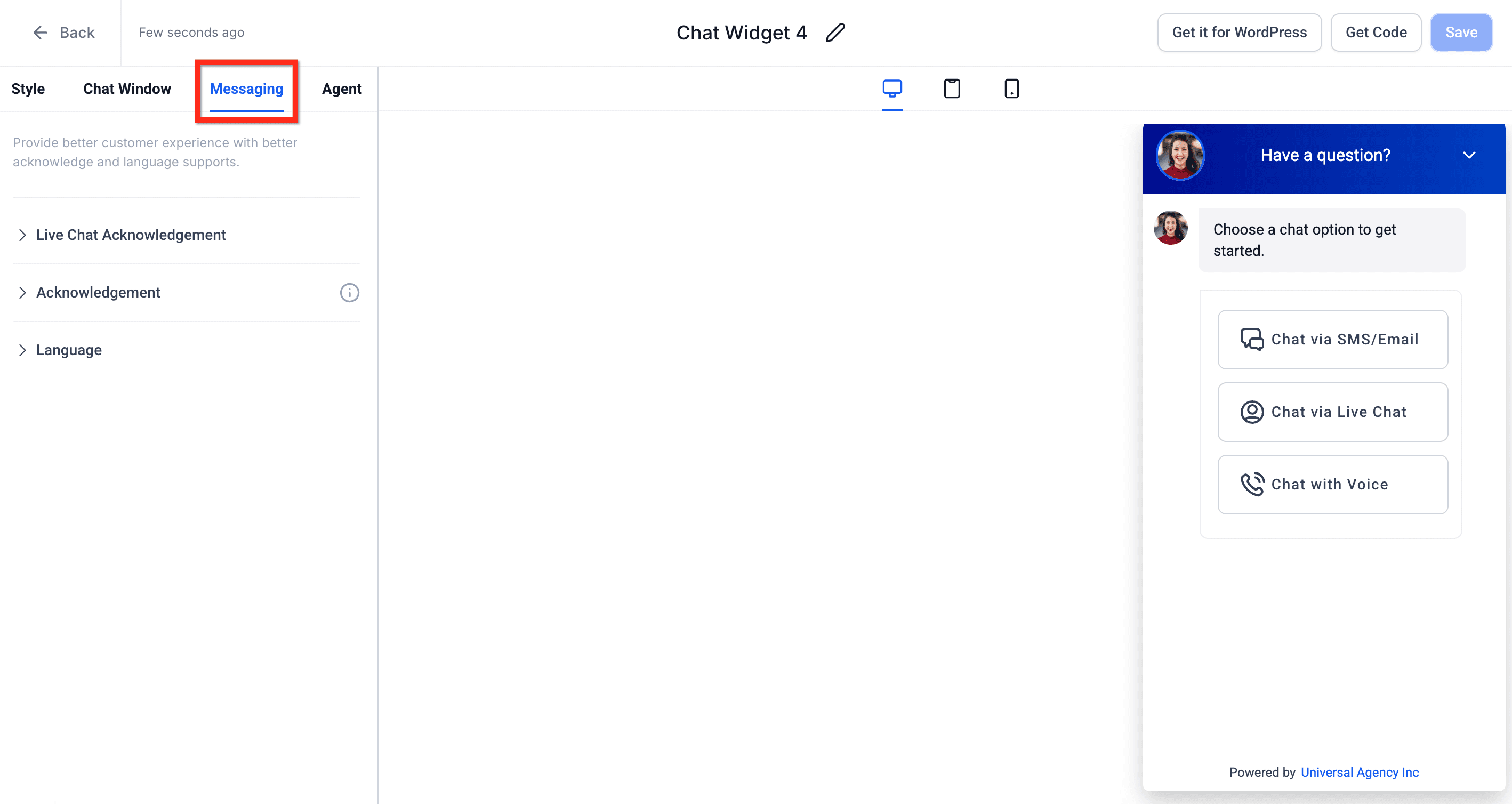 Schermata 13 — Guida introduttiva al Chat Widget