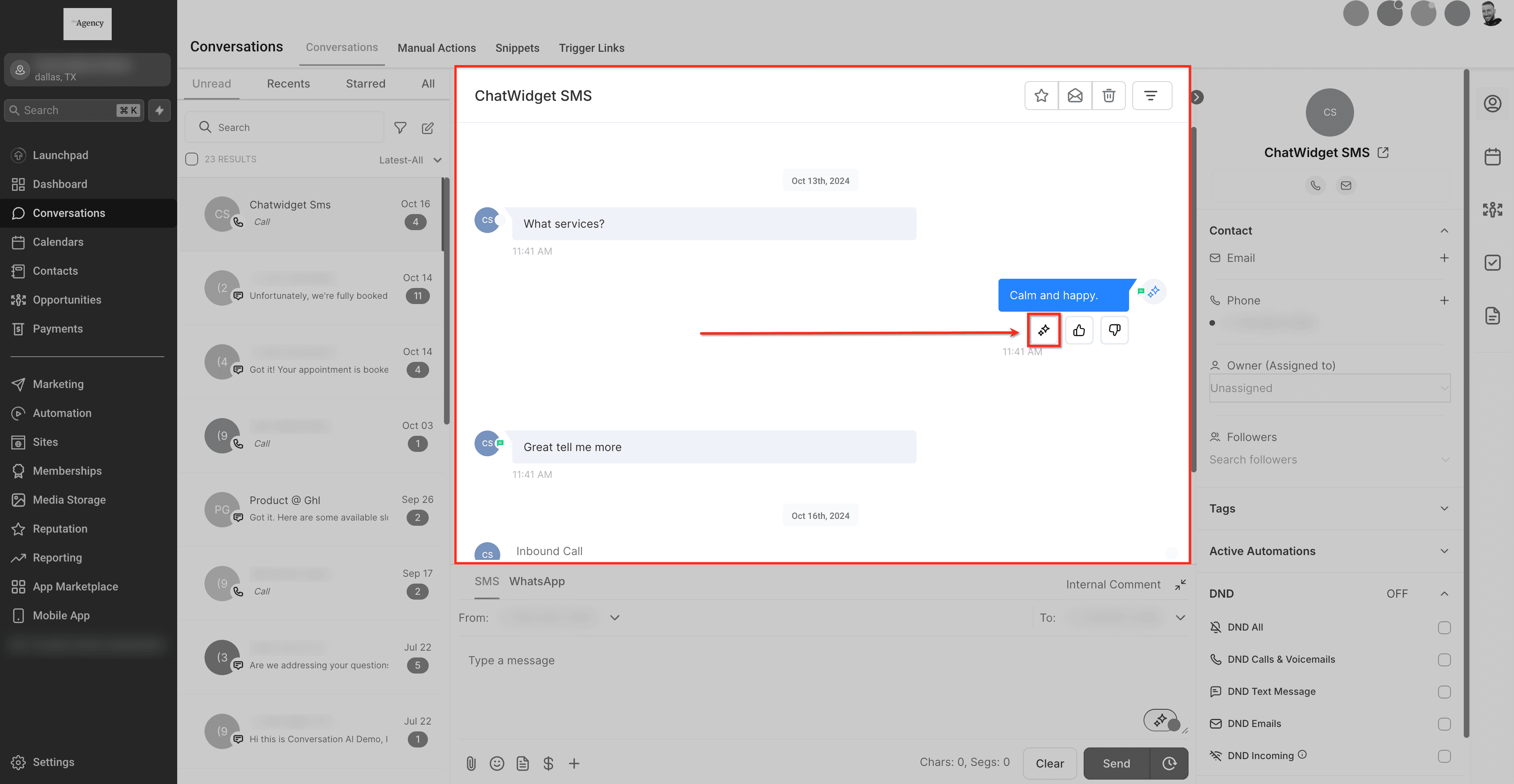 Schermata 4 — Visualizza e modifica le informazioni sulle risposte AI nelle Conversazioni