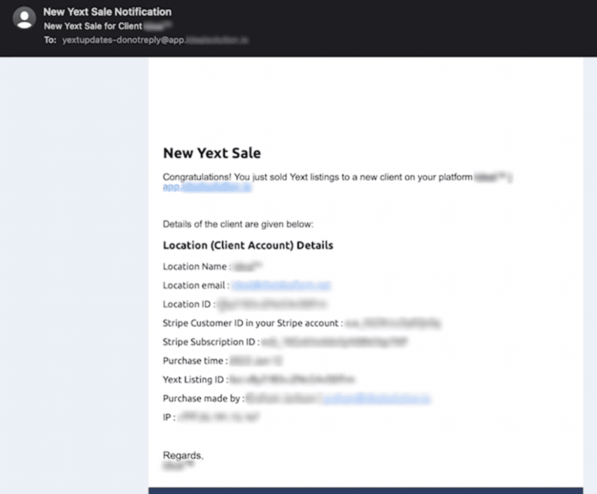 Notifica interna nuova vendita YEXT