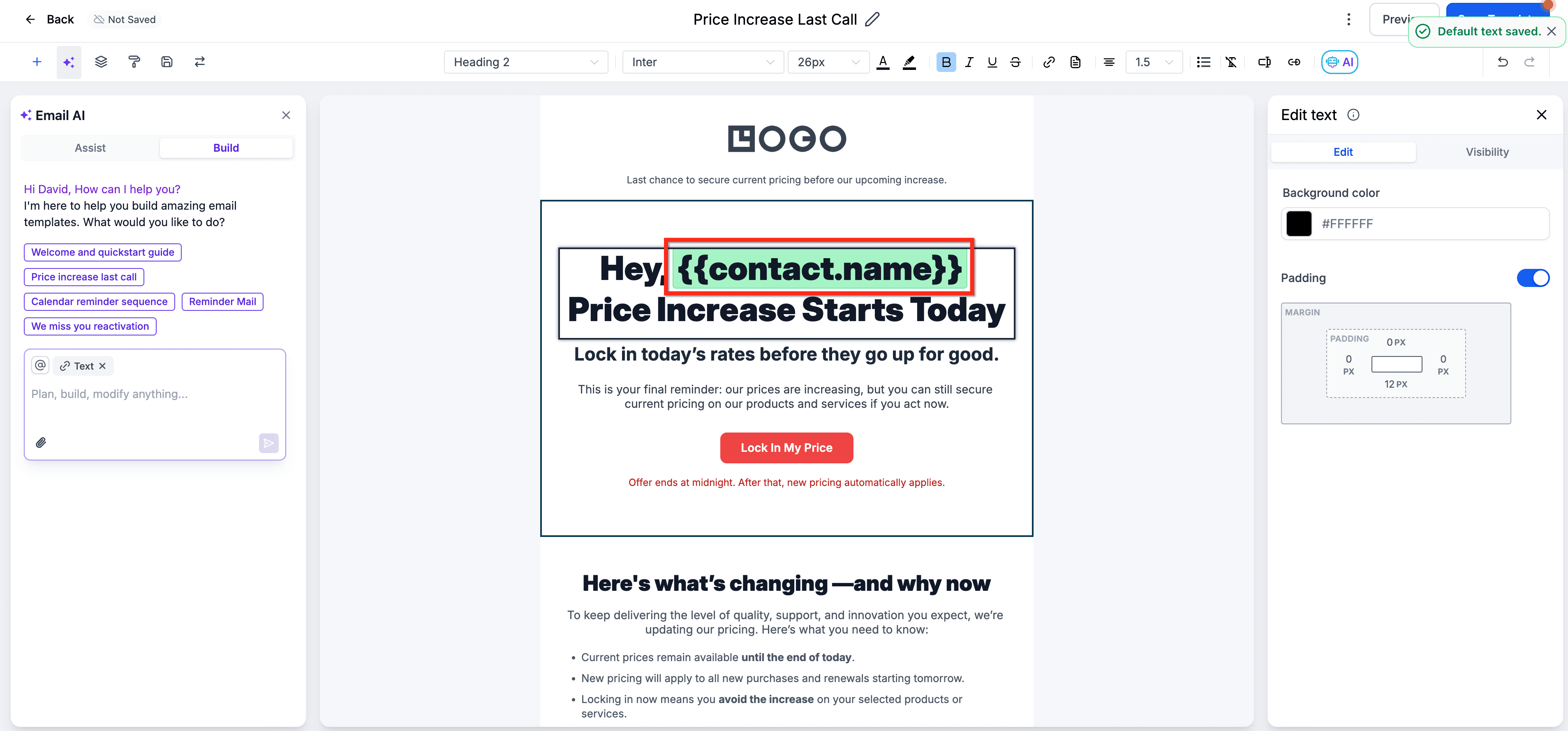 Schermata 6 — Impostare valori predefiniti per i Custom Value nelle email