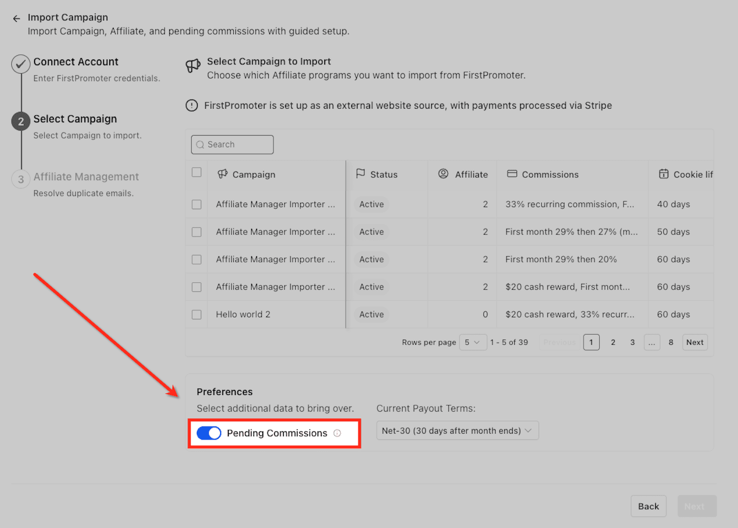 Schermata 4 — Affiliate Manager: Importa Campagne, Affiliati e Commissioni da FirstPromoter
