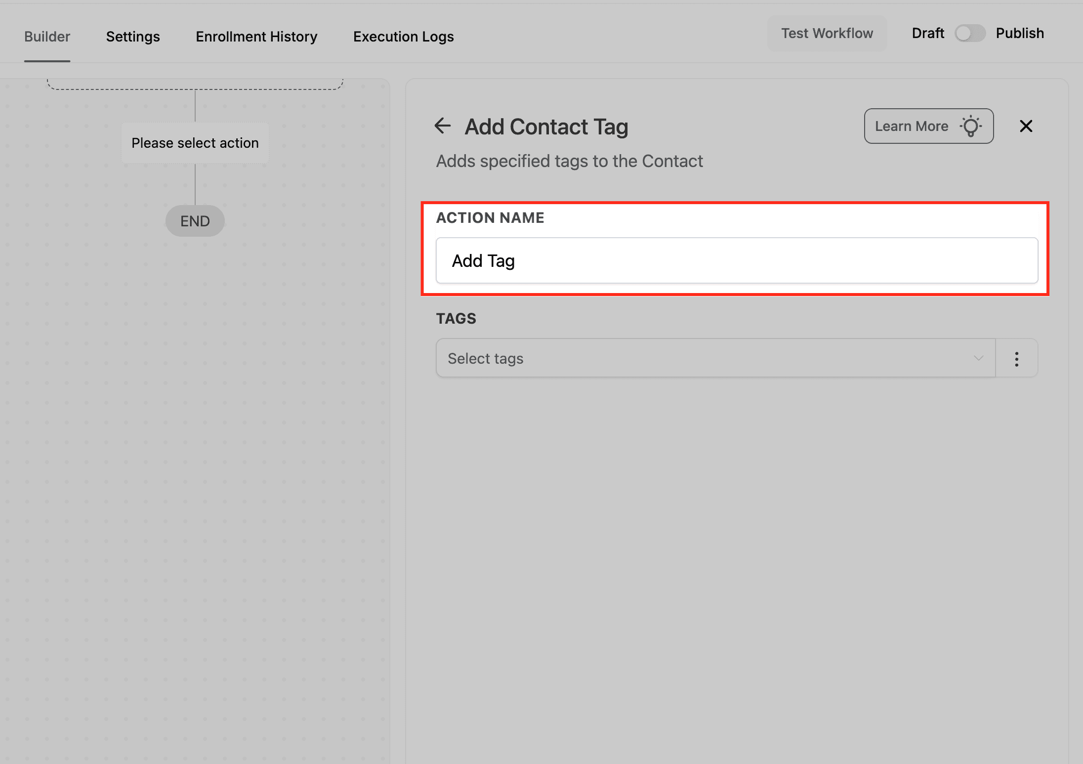 Schermata 3 — Azione Workflow - Aggiungi Tag al Contatto