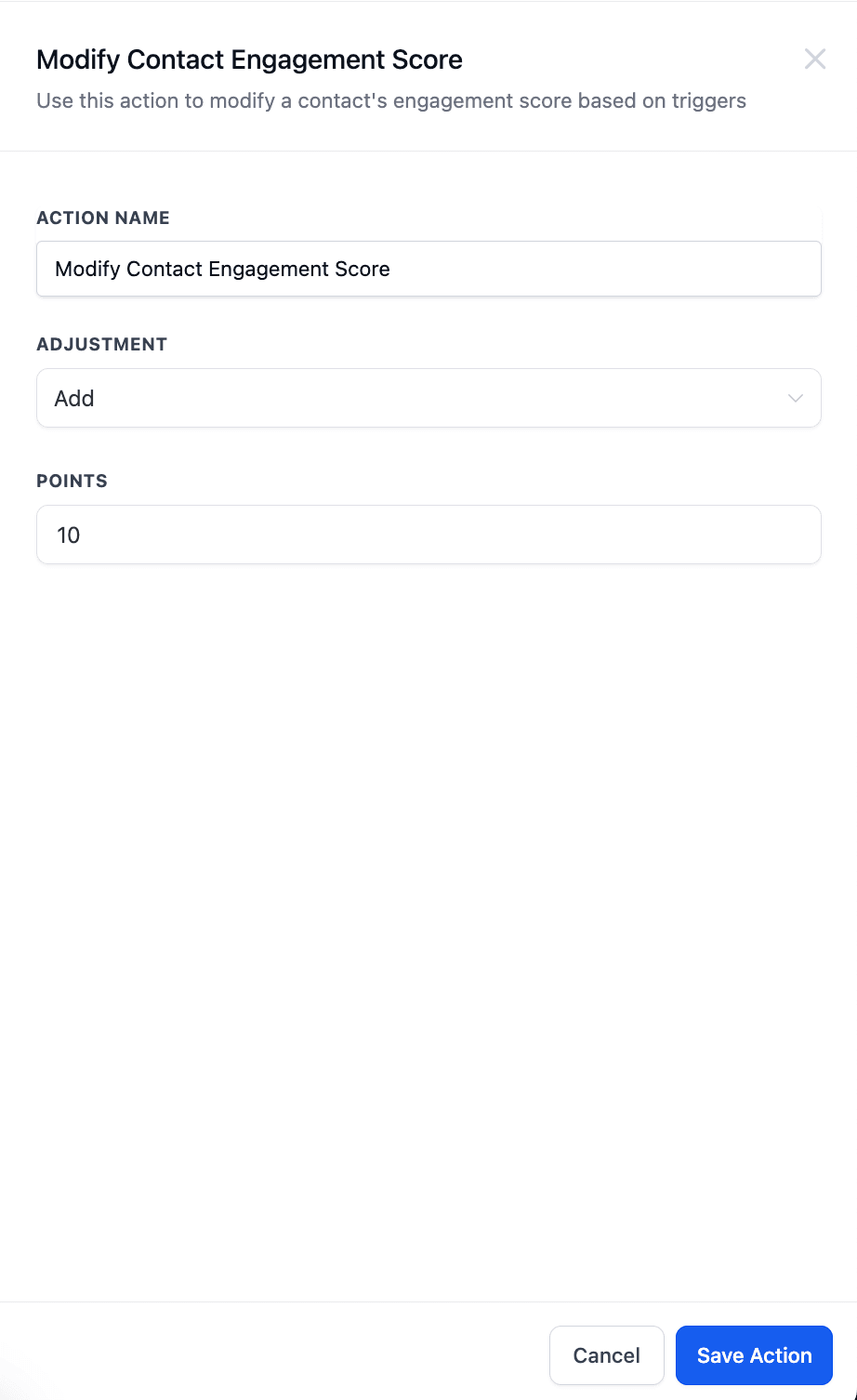 Schermata 1 — Azioni Workflow - Modifica il Punteggio di Engagement del Contatto