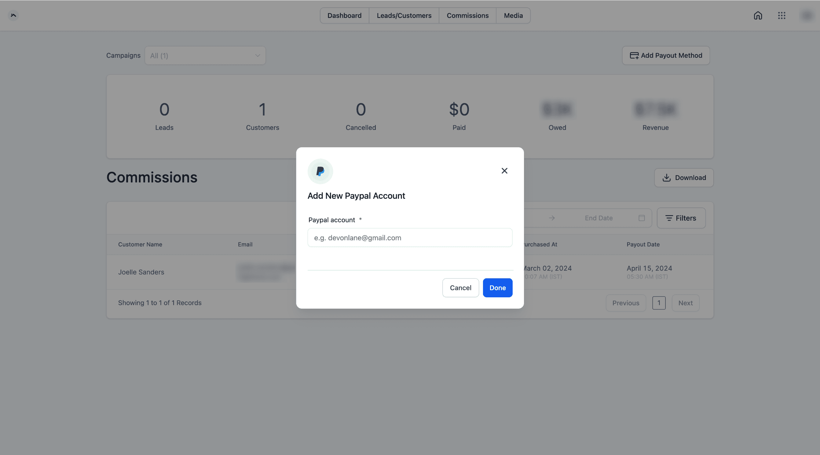Schermata 7 — Come aggiungere/collegare un nuovo metodo di pagamento per gli Affiliati
