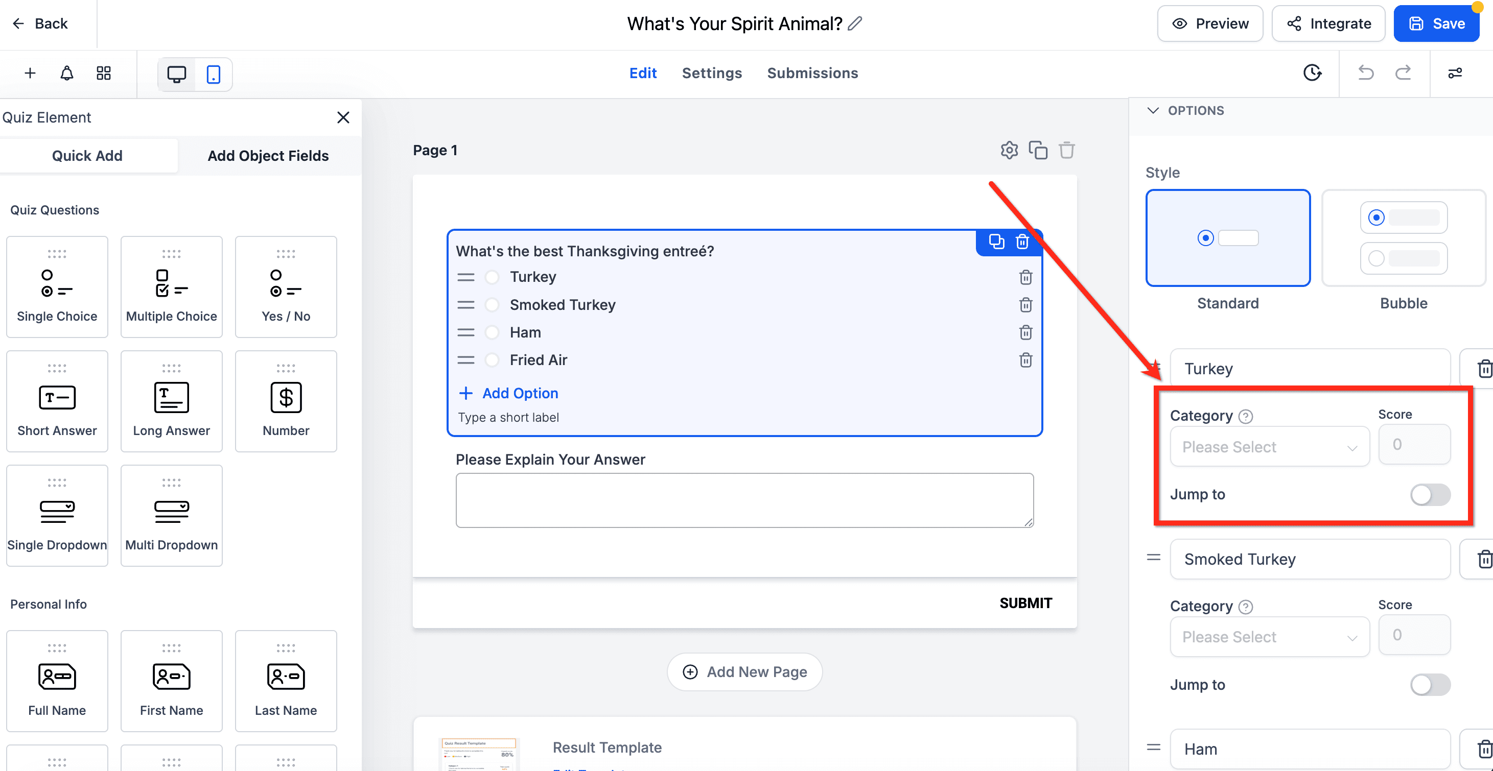 Schermata 3 — Configurare Quiz in Stile Personalità (Categoria Più Alta/Più Bassa)