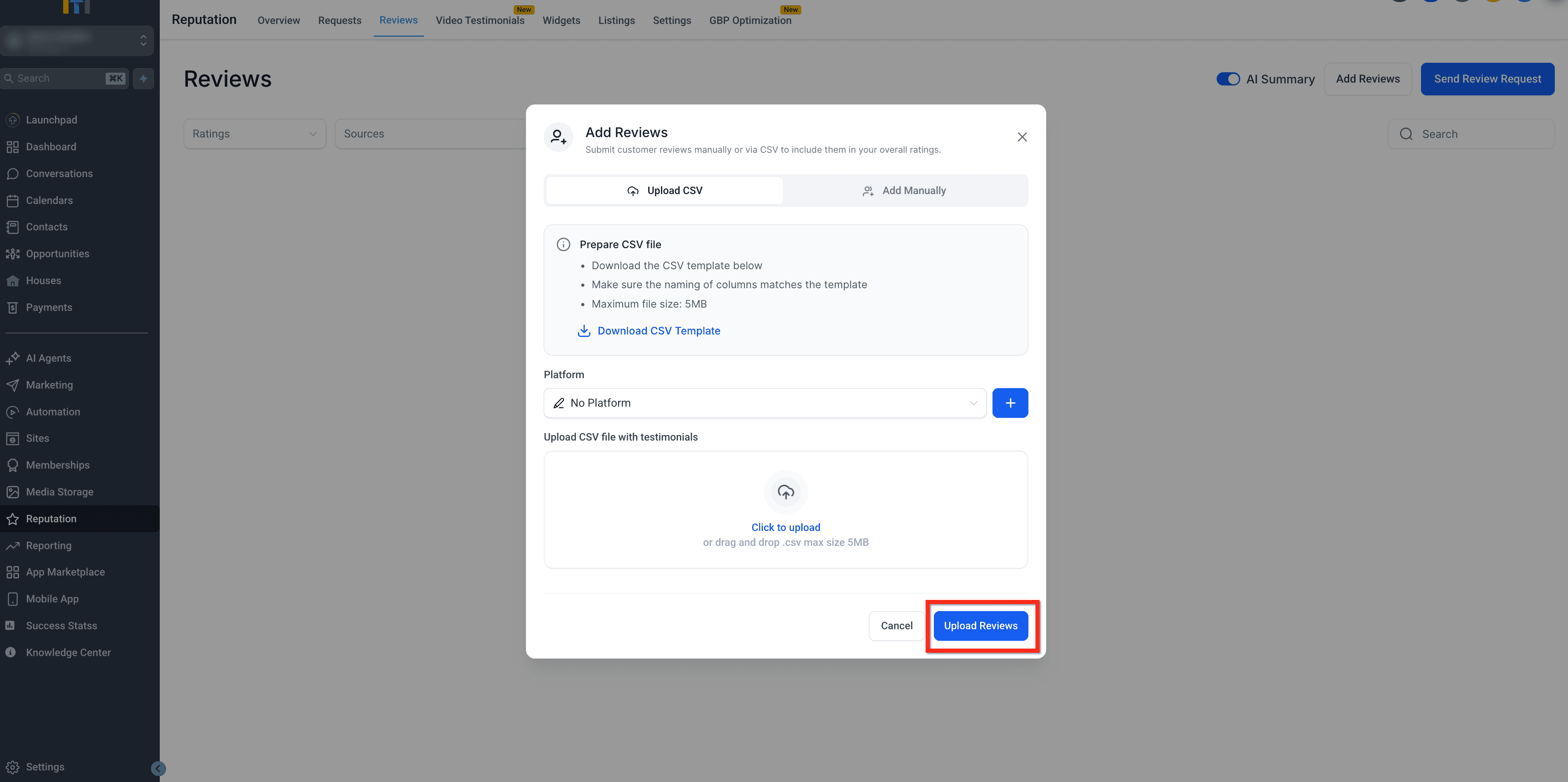 Schermata 9 — Recensioni Manuali - Aggiungi e Gestisci Recensioni Offline