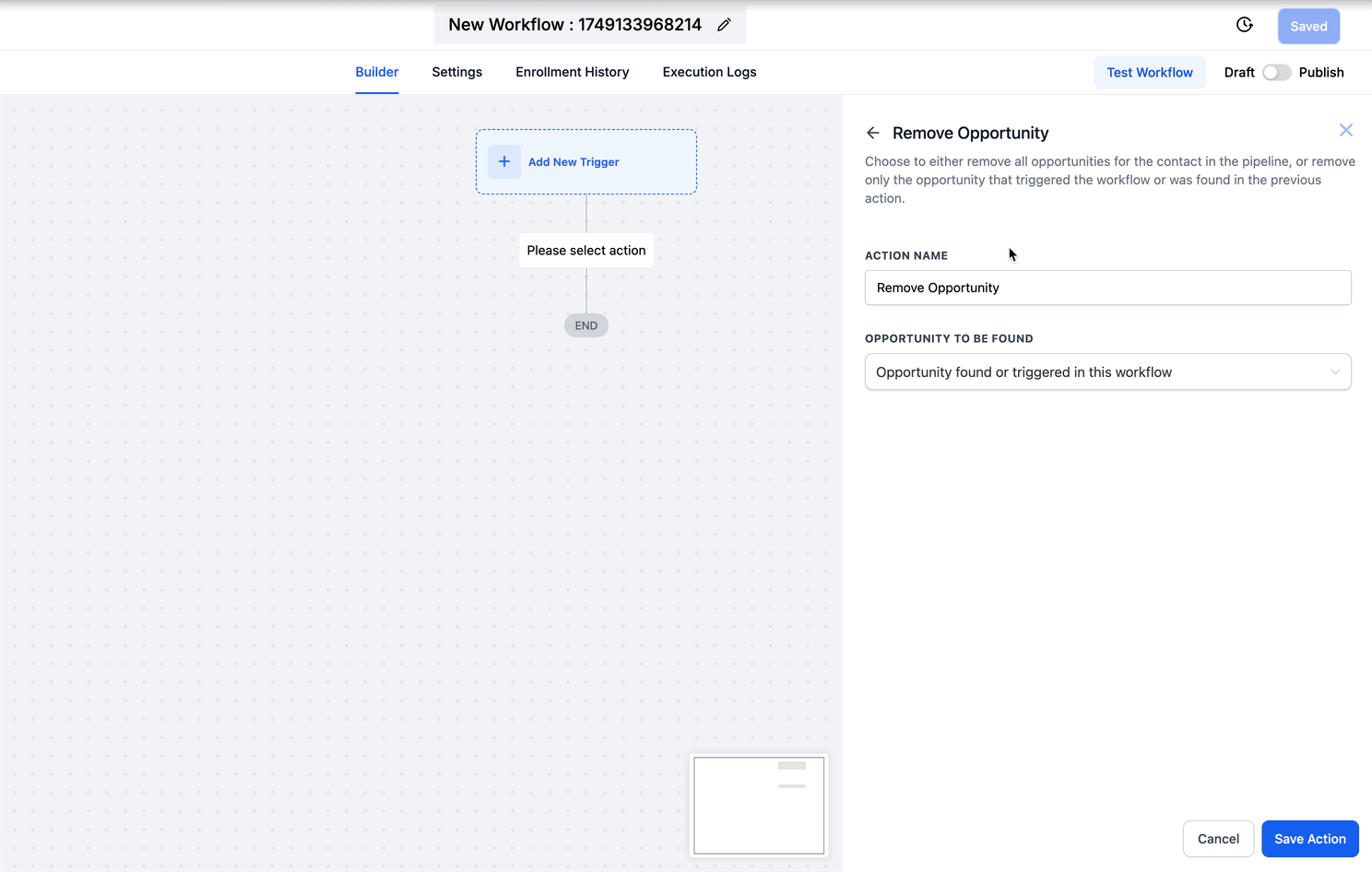 Schermata 4 — Azione Workflow - Rimuovi Opportunità