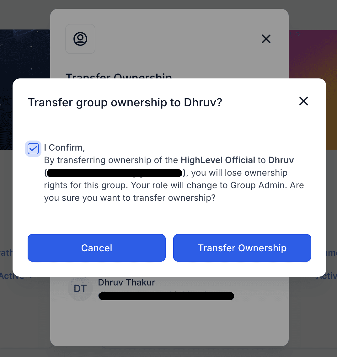 Schermata 3 — Trasferire la proprietà di un gruppo community