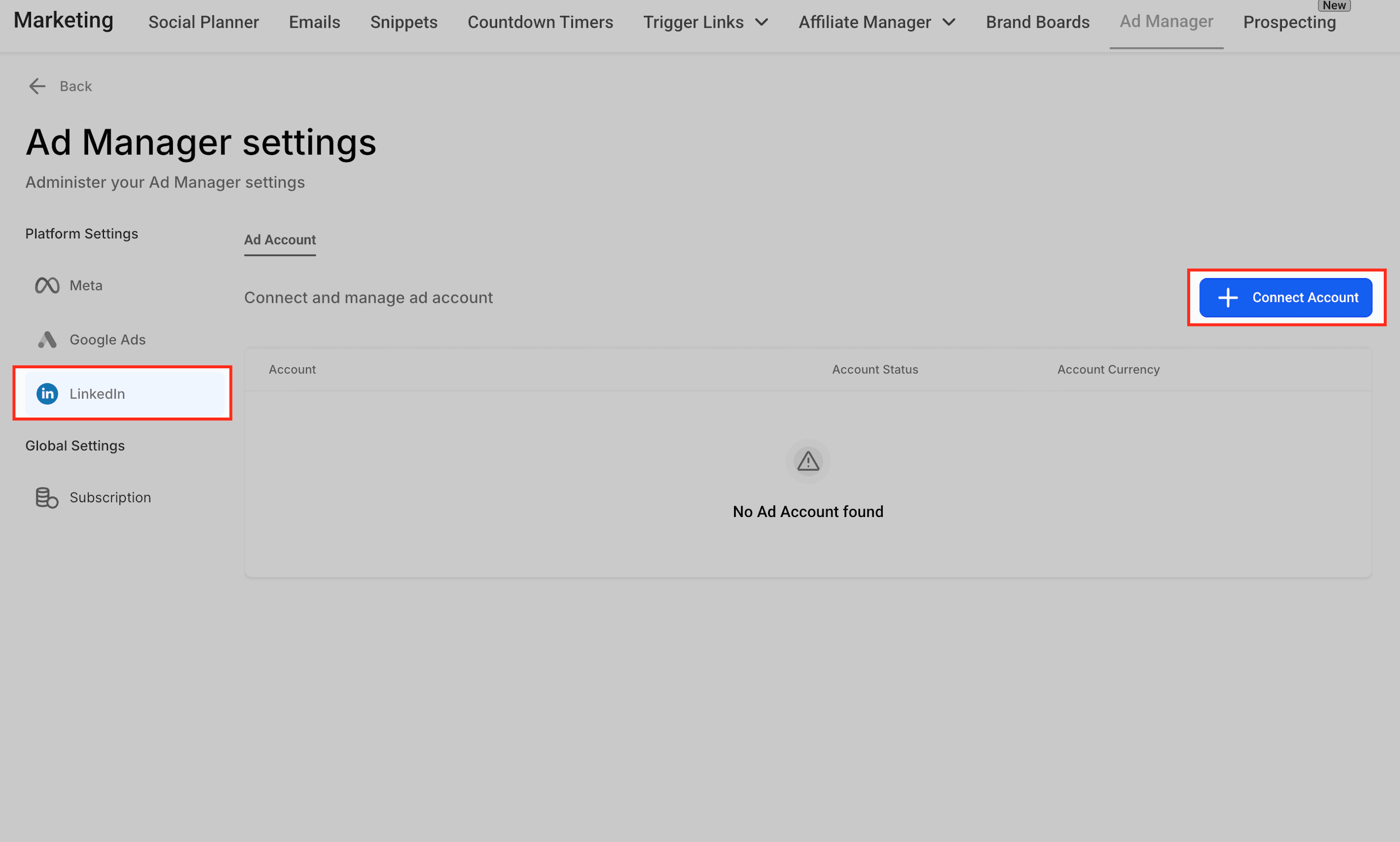 Schermata 3 — Creare e gestire annunci LinkedIn in HITLEAD Ad Manager
