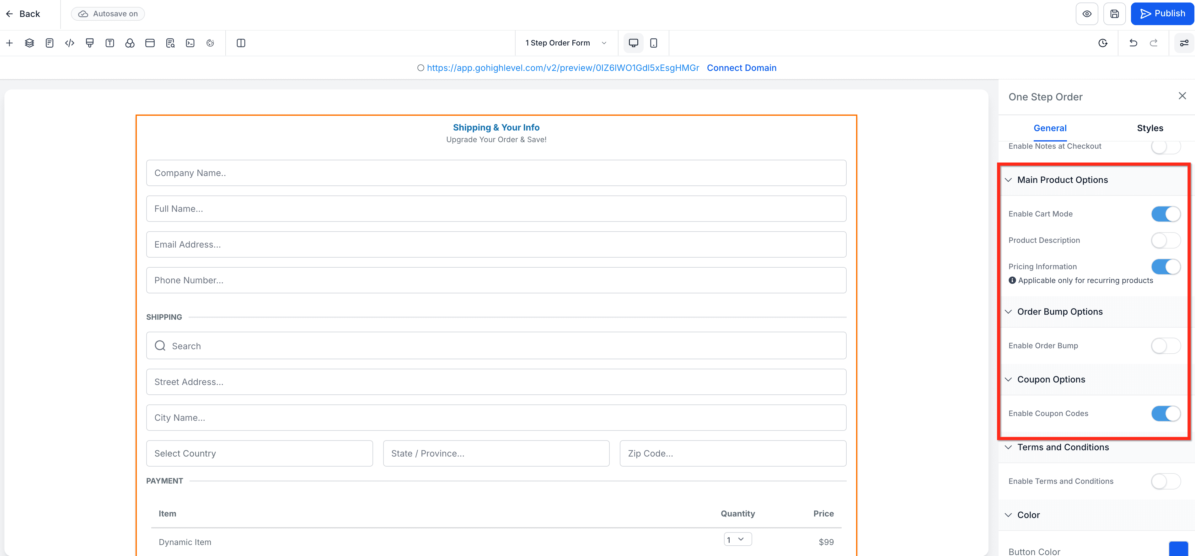 Schermata 9 — Come aggiungere un modulo d'ordine in un unico step a un Funnel