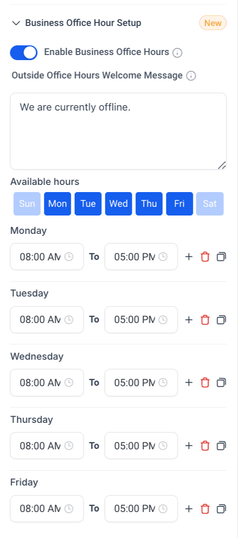 Schermata 3 — Chat Widget - Orari di Ufficio per la Live Chat