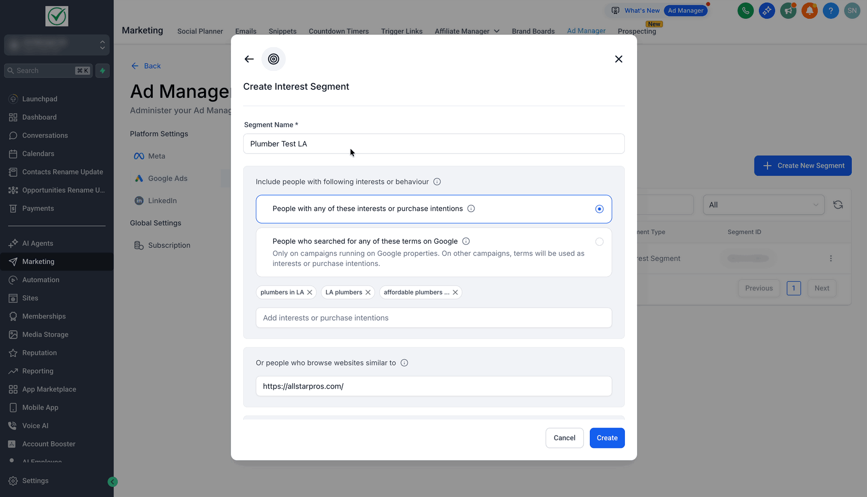 Schermata 8 — Ads Manager - Audience Segments per Google Ads