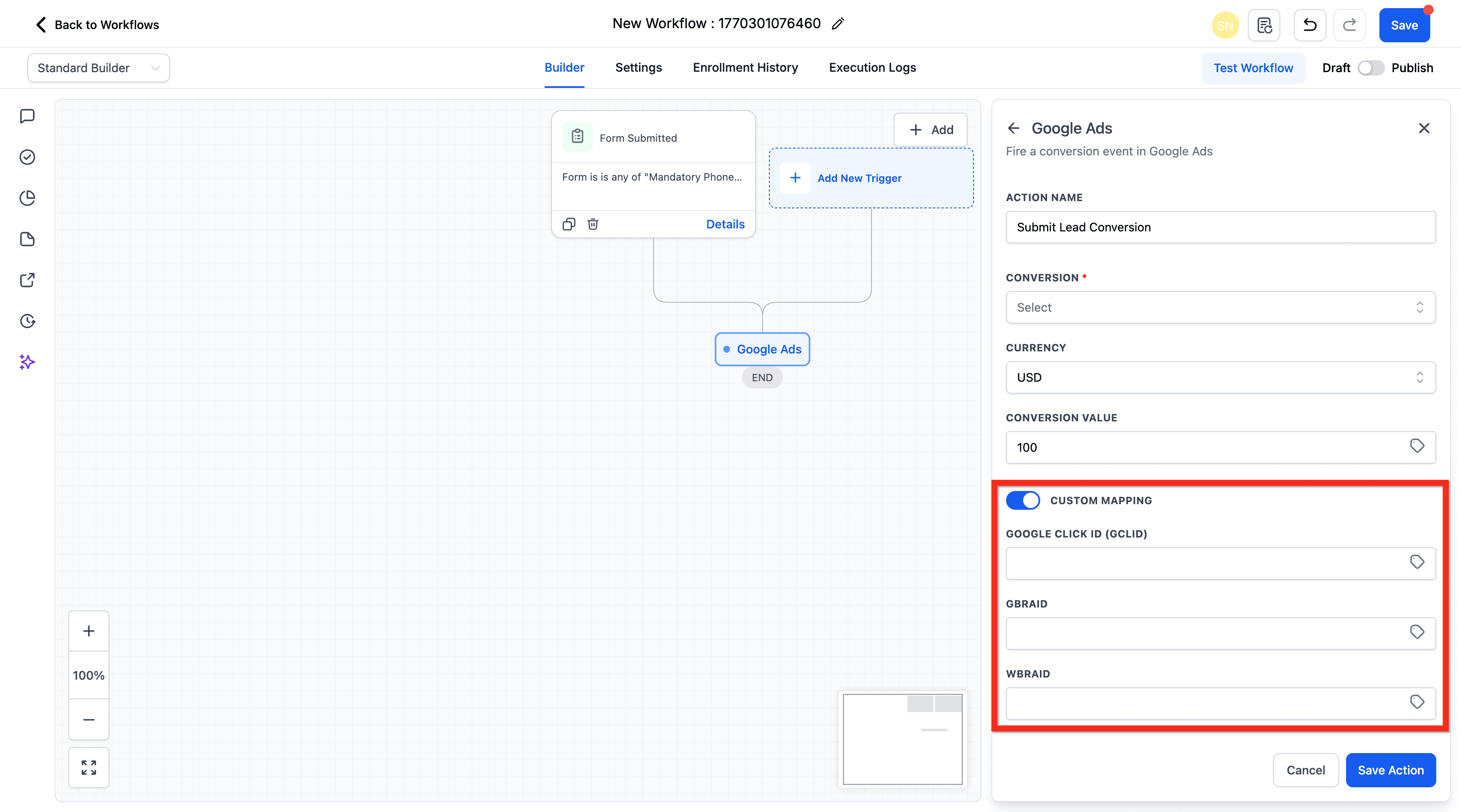 Schermata 9 — Azione Workflow - Aggiungi a Google Ads