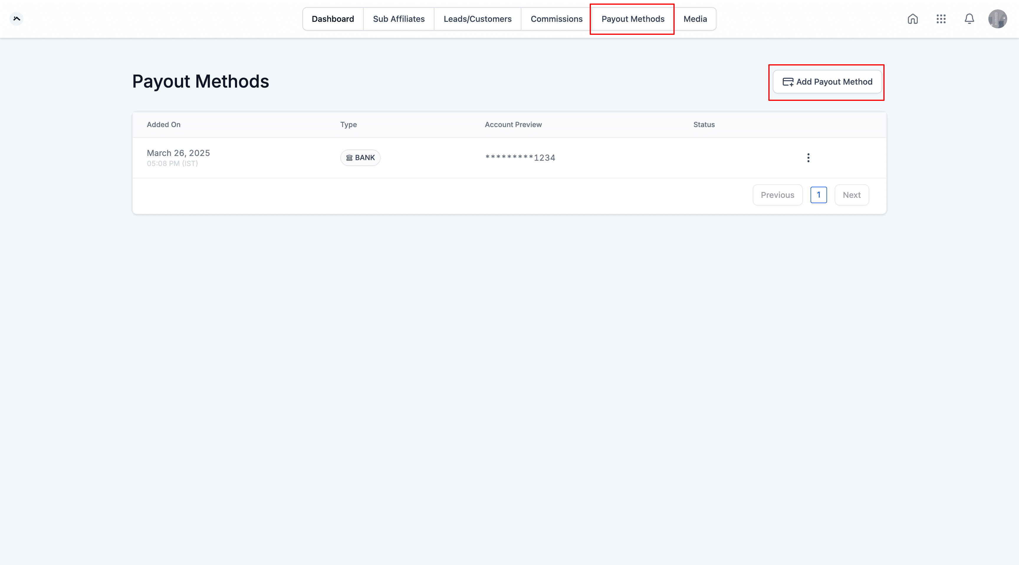 Schermata 5 — Come aggiungere/collegare un nuovo metodo di pagamento per gli Affiliati