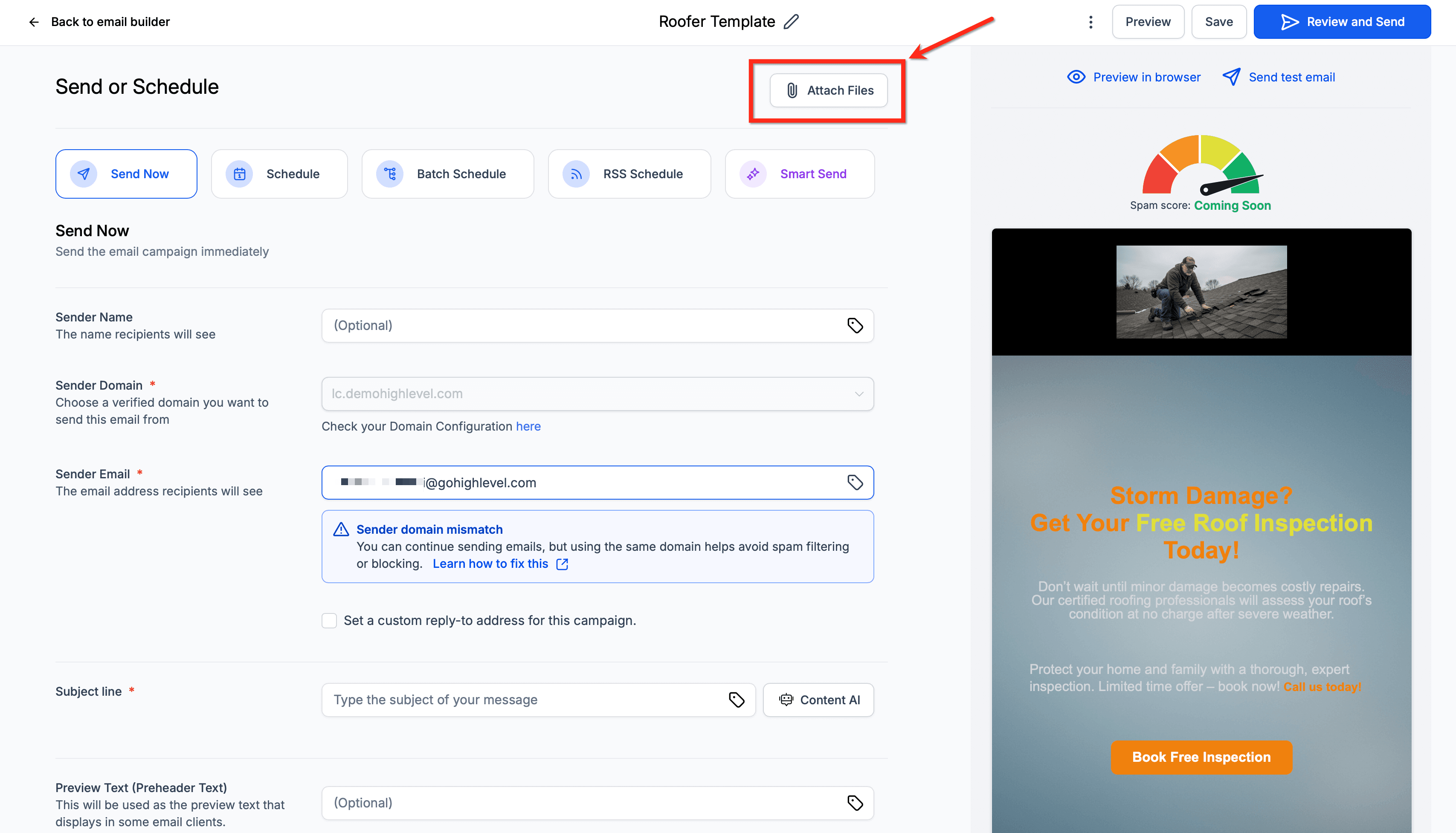 Schermata 4 — Allega file alle Campaign email nell'Email Builder