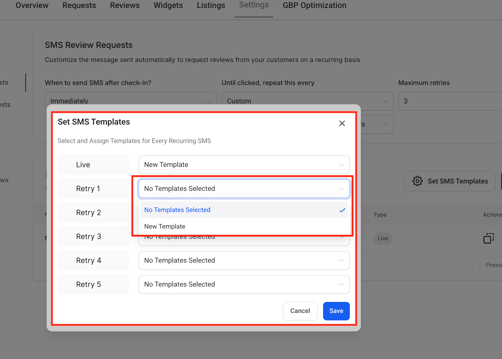 Schermata 9 — Come personalizzare le richieste di recensione con template SMS personalizzati