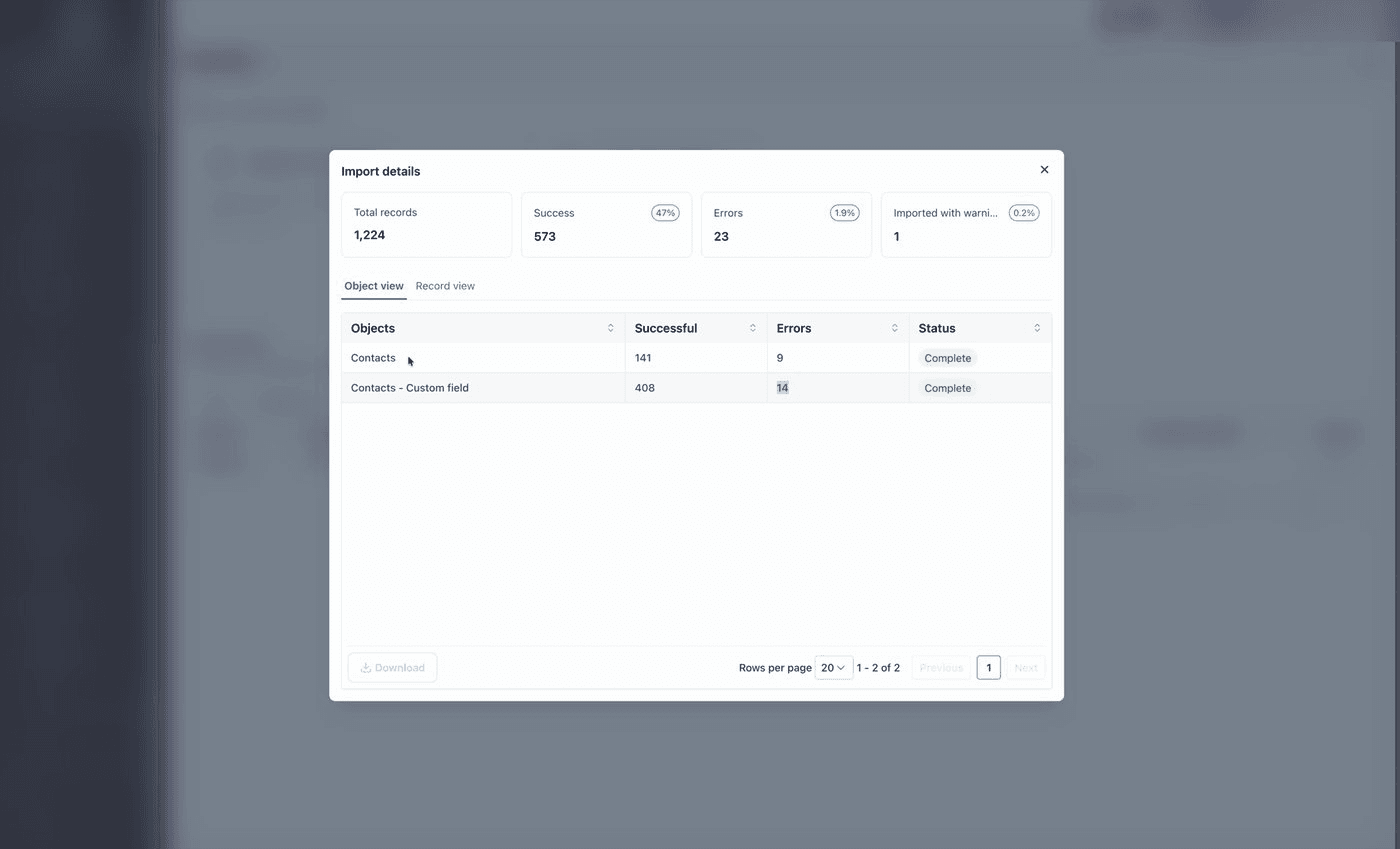 Il modal Import details in Object view, con i conteggi total records, success, errors e imported-with-warnings, più una tabella riepilogativa per oggetto.