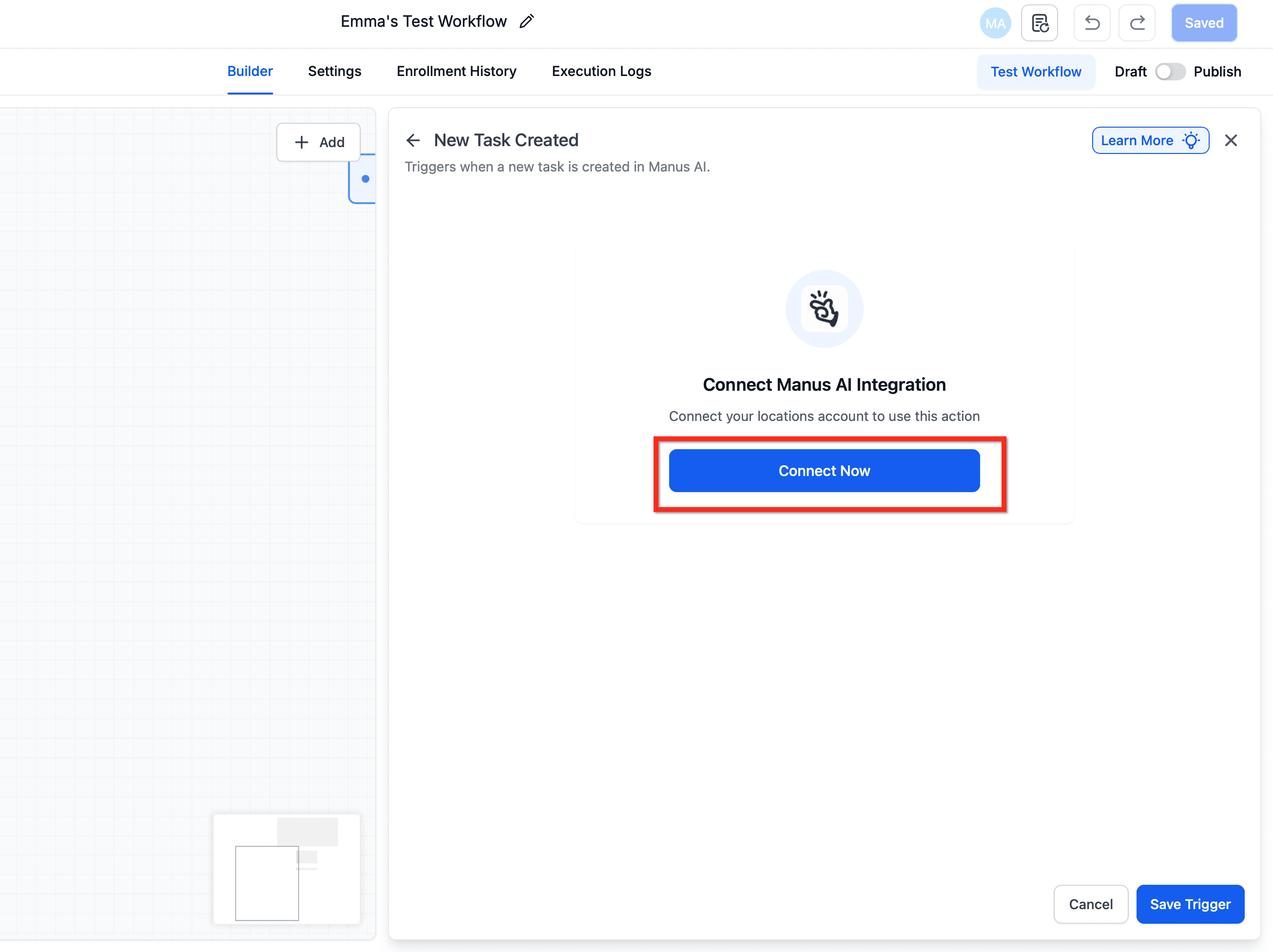 Schermata 1 — Manus - Azioni e Trigger nei Workflow