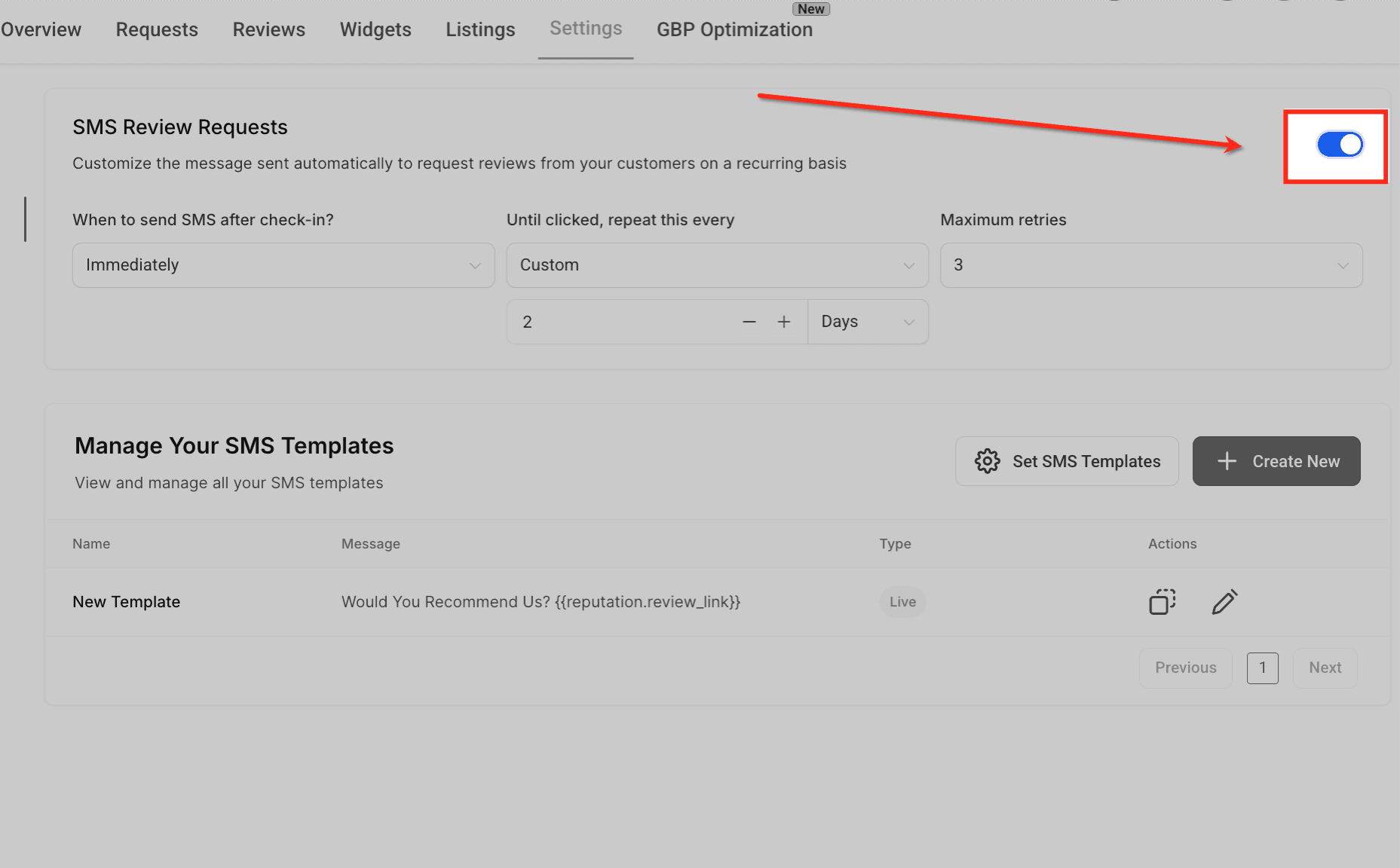 Schermata 3 — Come personalizzare le richieste di recensione con template SMS personalizzati
