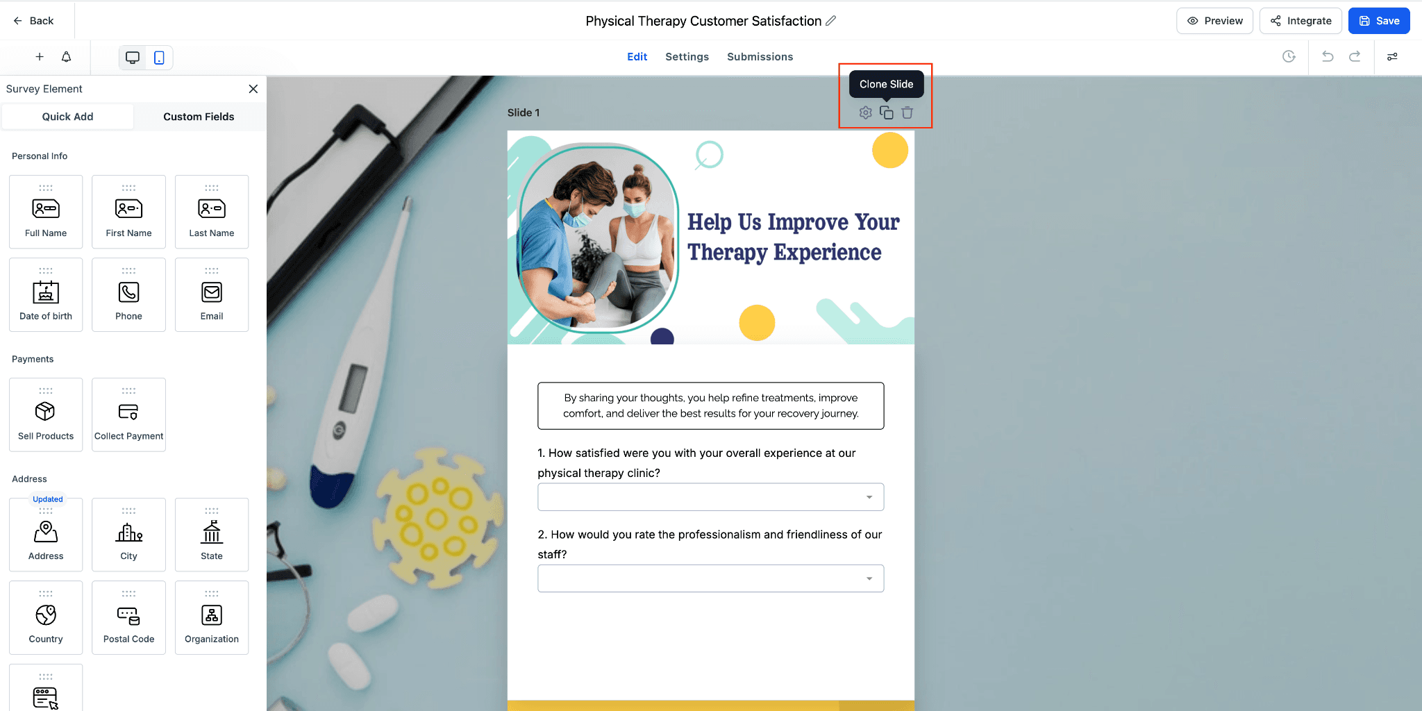 Schermata 2 — Clonazione di Elementi e Slide in Quiz, Form e Survey