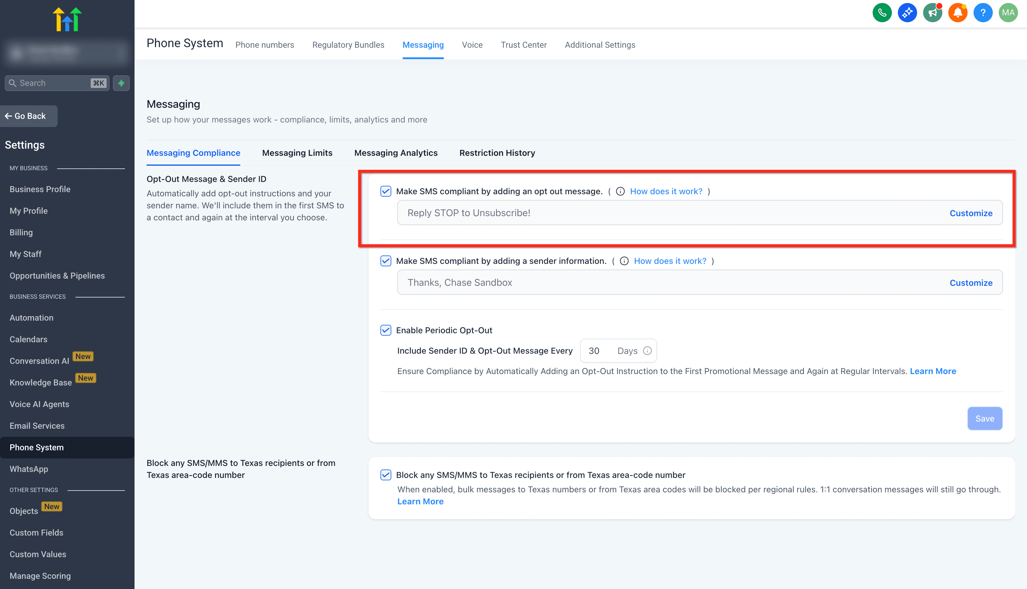 Schermata 4 — Come configurare le Impostazioni di conformità SMS