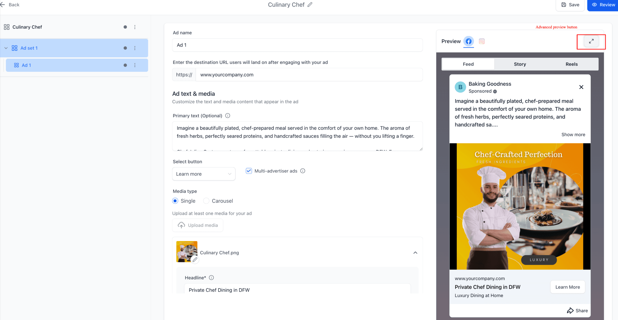 Schermata 1 — Come visualizzare l'anteprima avanzata e ottenere link di anteprima condivisibili per le Meta Ads