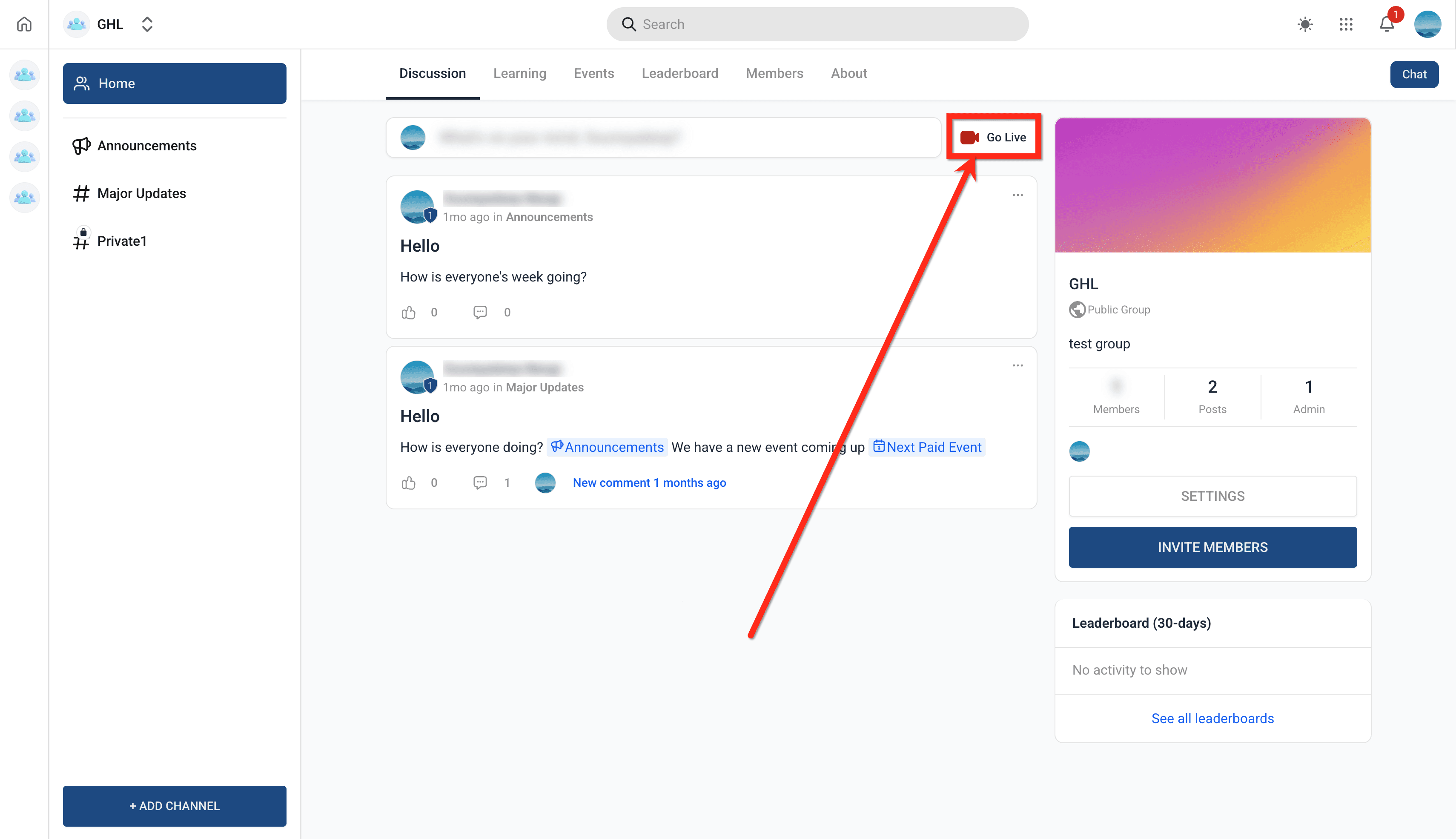 Schermata 5 — Communities - Usa Go Live per ospitare riunioni e trasmissioni