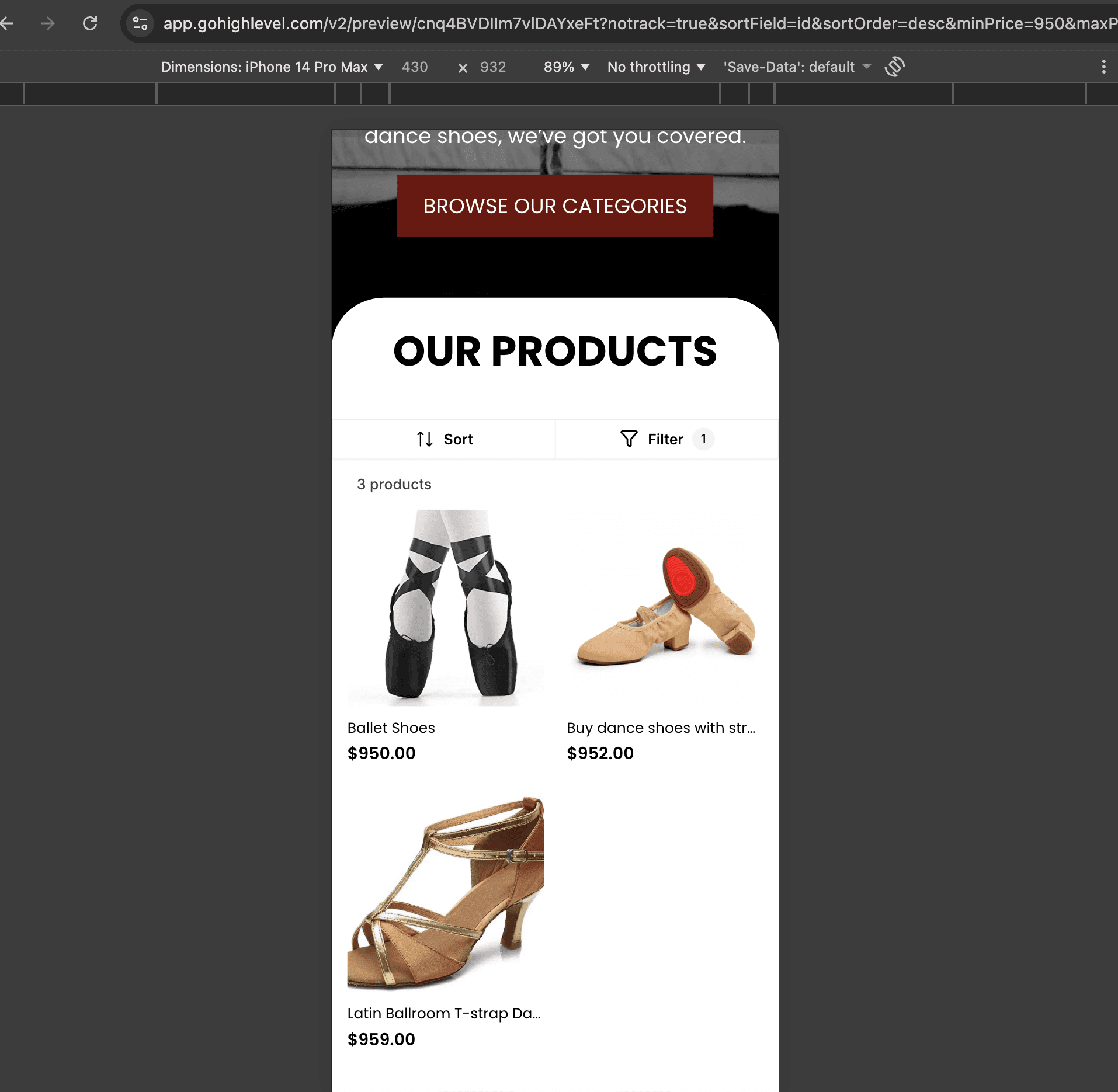 Schermata 4 — Come ordinare e filtrare i prodotti nel Site Builder Ecommerce di HITLEAD