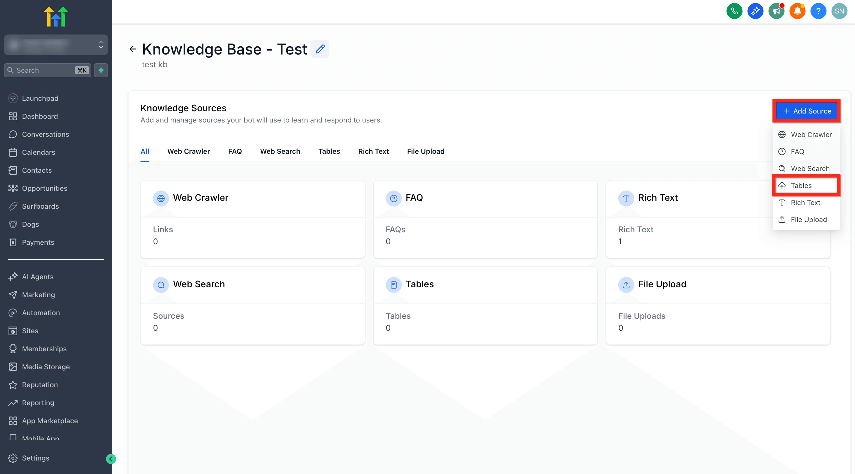 Schermata 3 — AI Employee - Tabelle nella Knowledge Base