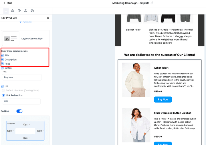 Schermata 16 — Aggiungere l'Elemento Prodotto in una Email Campaign