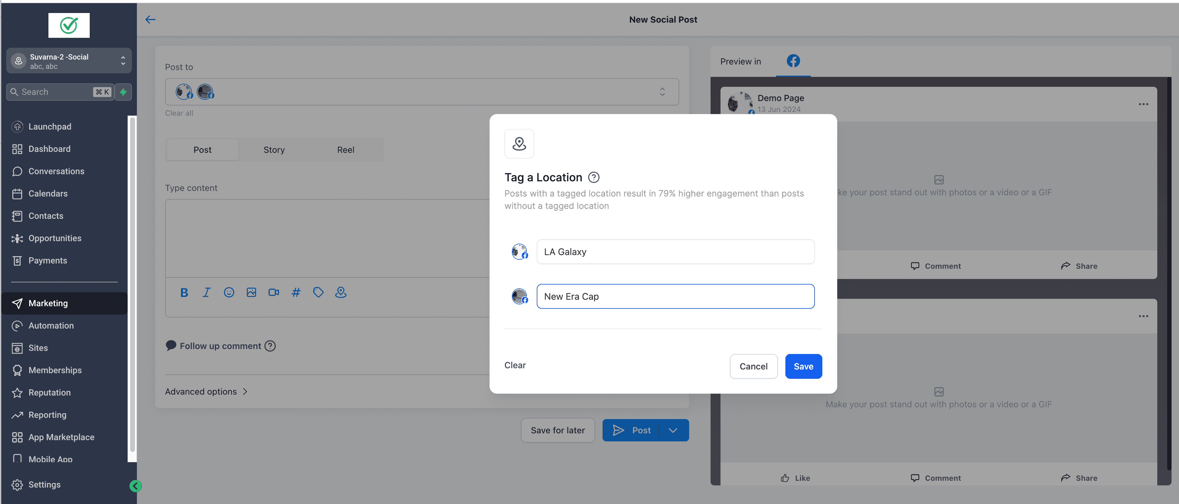 Schermata 7 — Aggiungere il Tag di Posizione ai Post Social