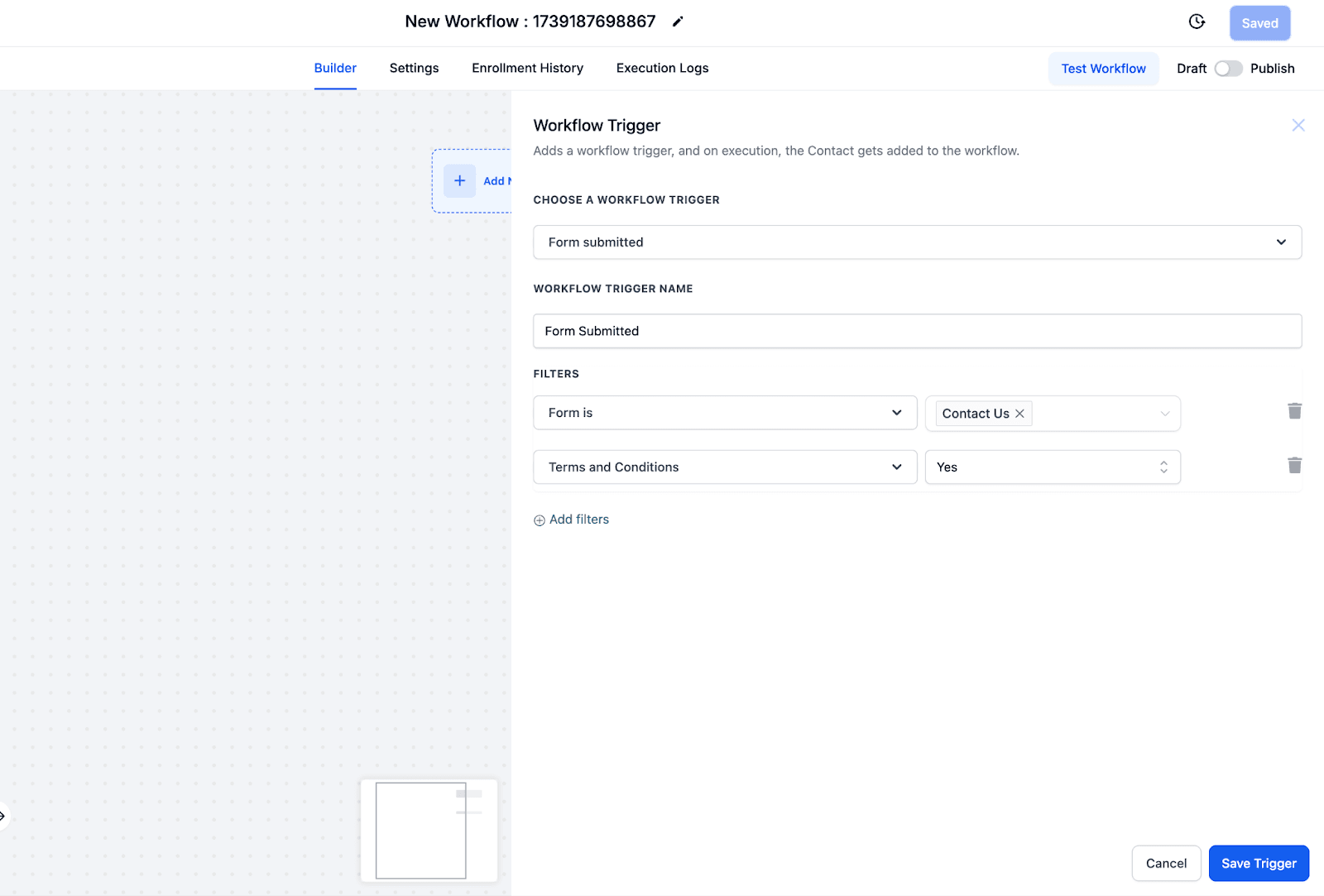 Schermata 2 — Filtro T&C per Form, Survey e Quiz nei Workflow