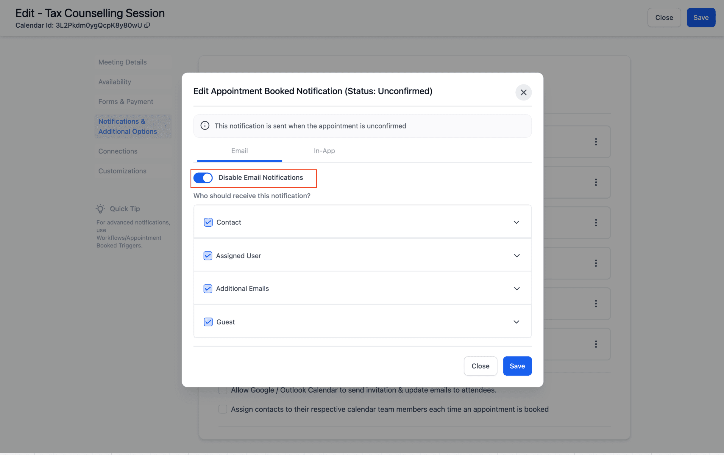 Schermata 3 — Calendario: Notifiche Appuntamenti via Email, In-App, SMS e WhatsApp
