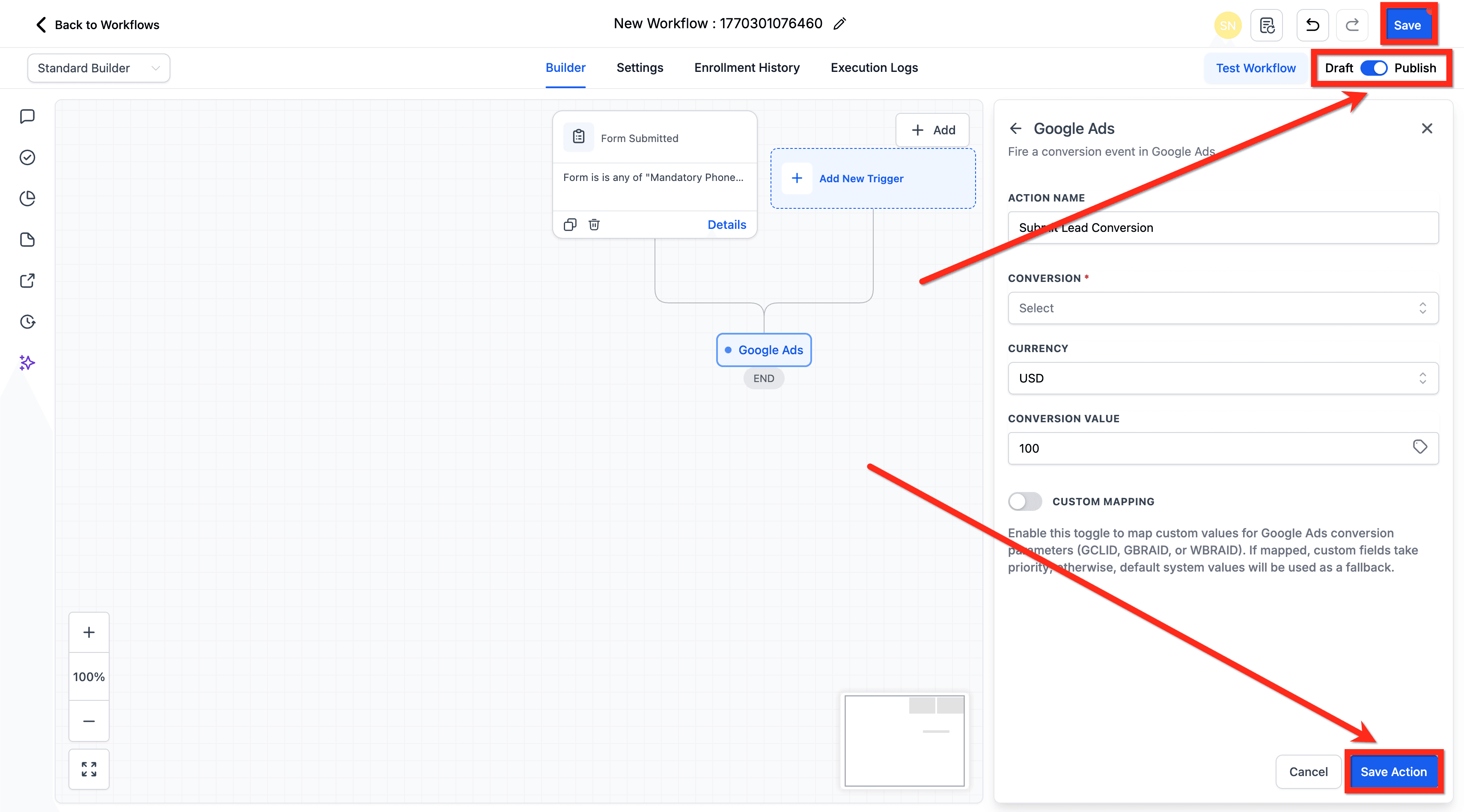 Schermata 10 — Azione Workflow - Aggiungi a Google Ads