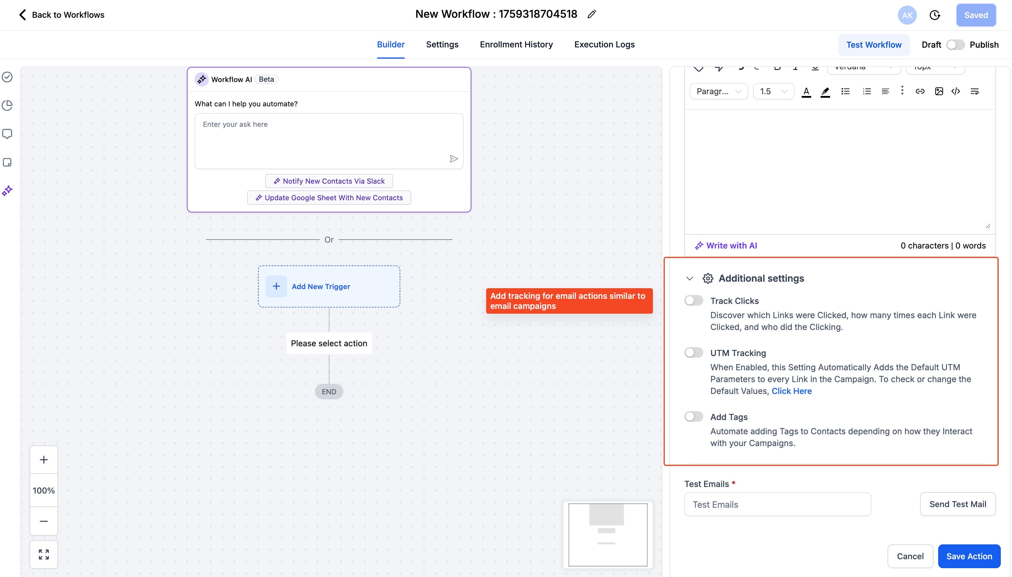Schermata 4 — Nuova UI per le Azioni Email nei Workflow