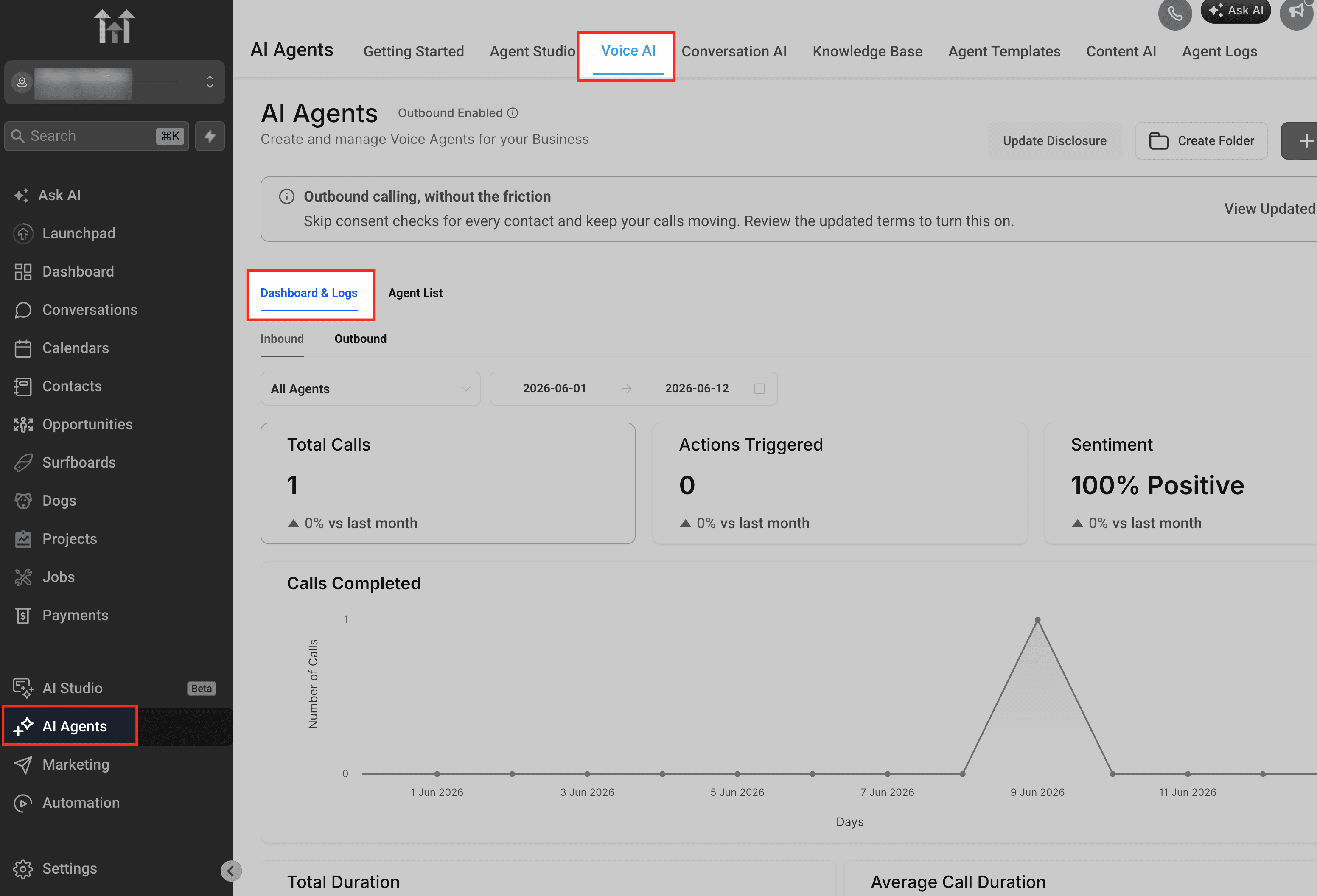 Schermata 1 — Panoramica della Dashboard degli Agenti Voice AI