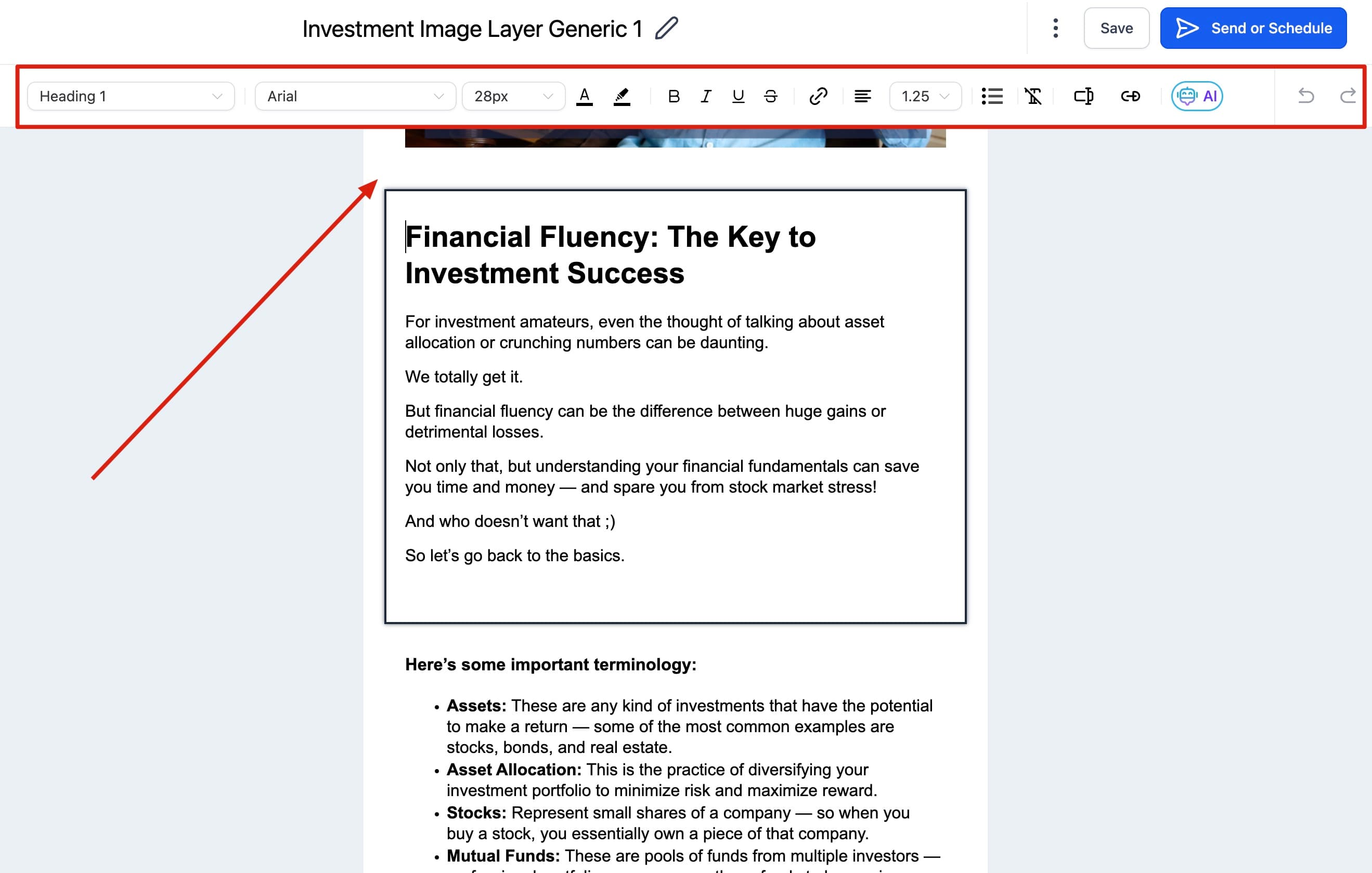 Schermata 1 — Come usare l'Email Builder e il suo Editor Inline