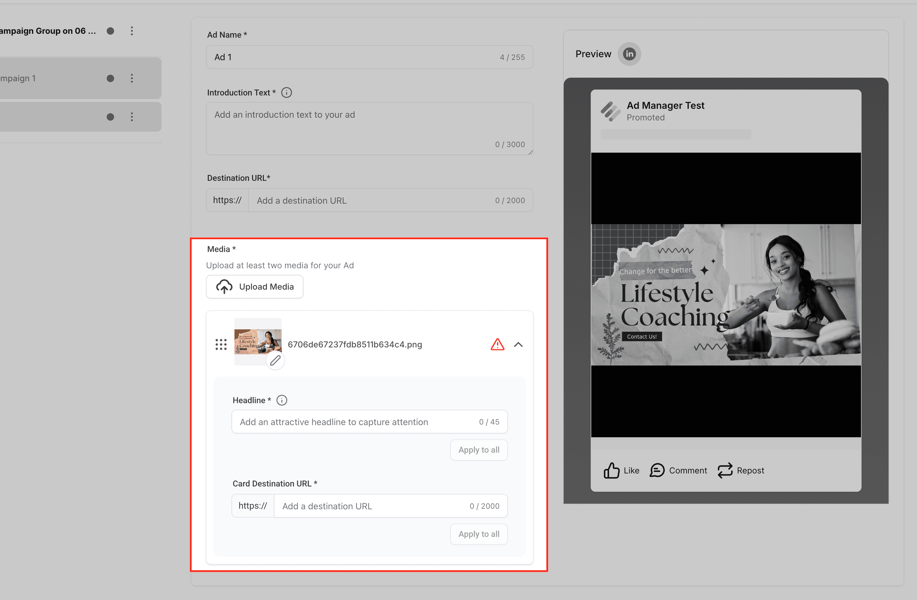 Schermata 8 — Creare e gestire annunci LinkedIn in HITLEAD Ad Manager
