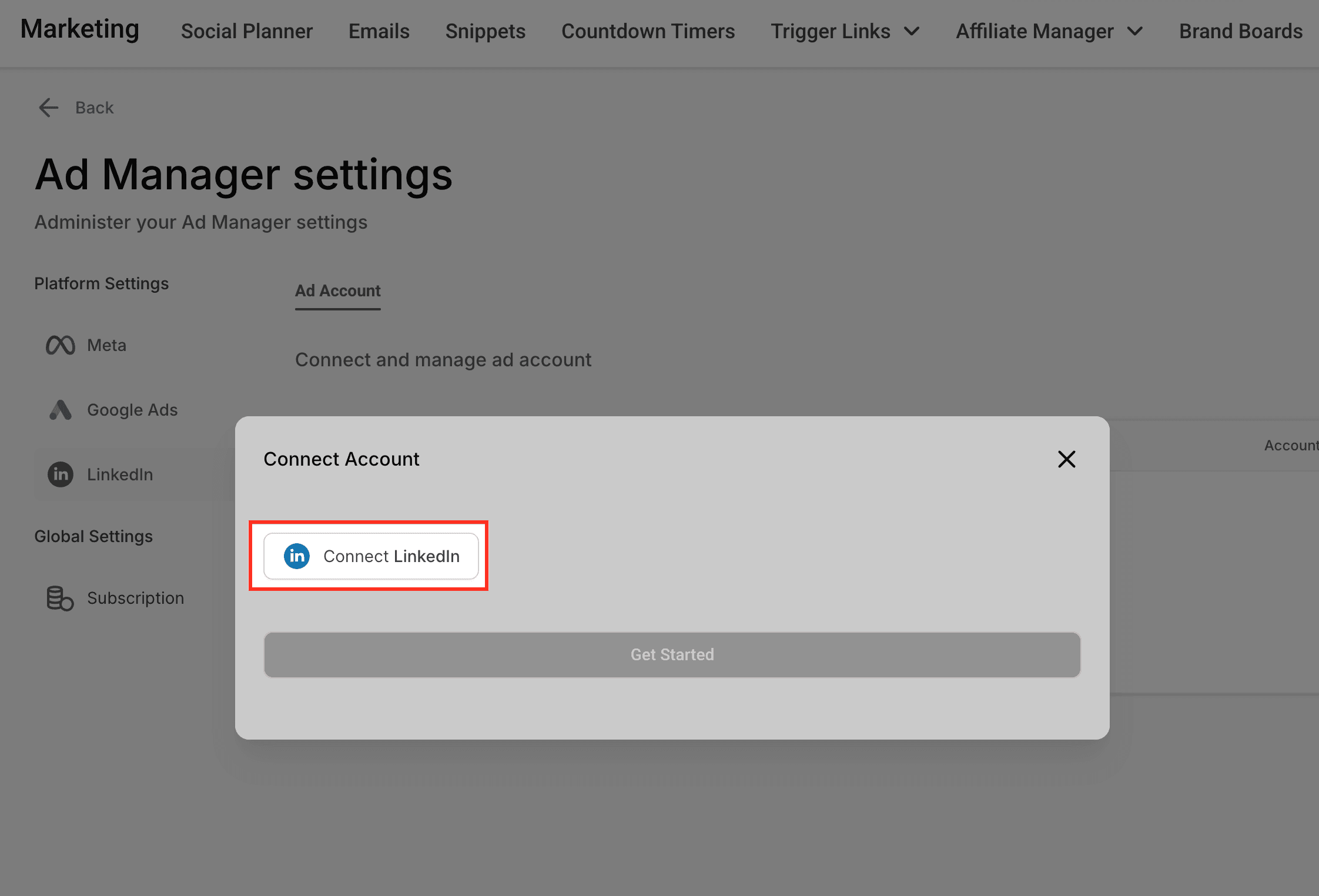 Schermata 4 — Creare e gestire annunci LinkedIn in HITLEAD Ad Manager