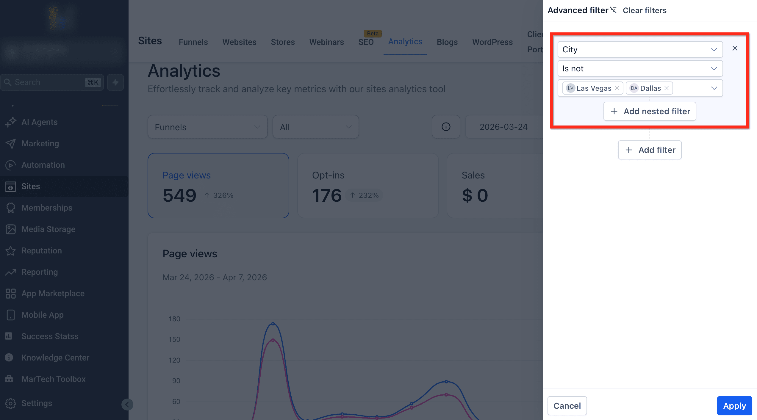 Schermata 3 — Filtri Avanzati in Site Analytics