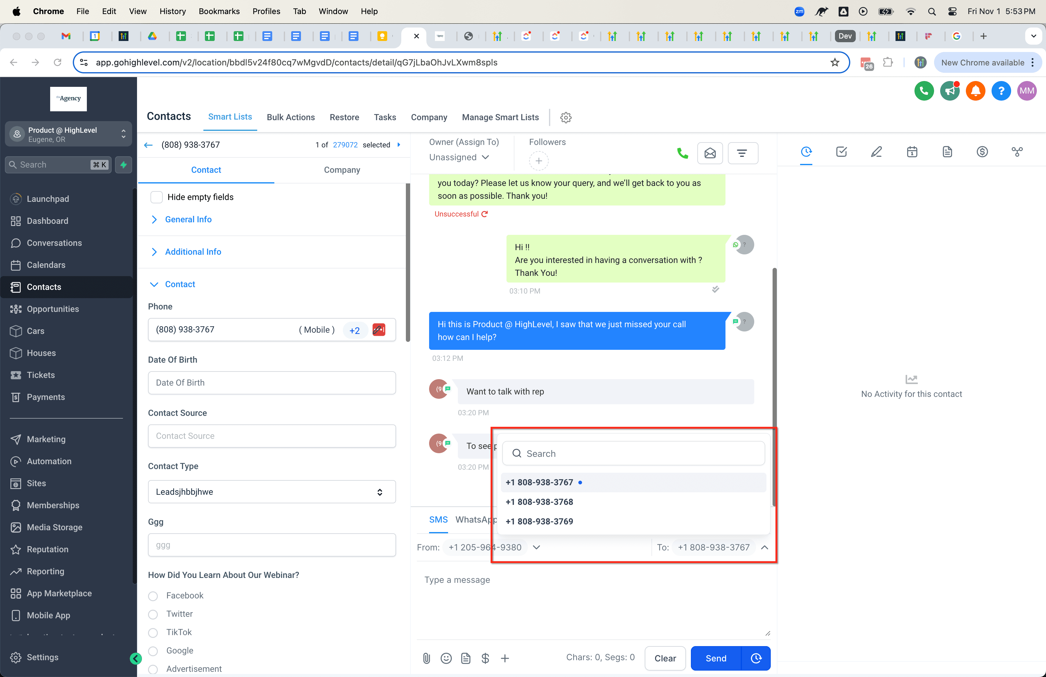 Schermata 3 — Selezionare i numeri mittente e destinatario per gli SMS