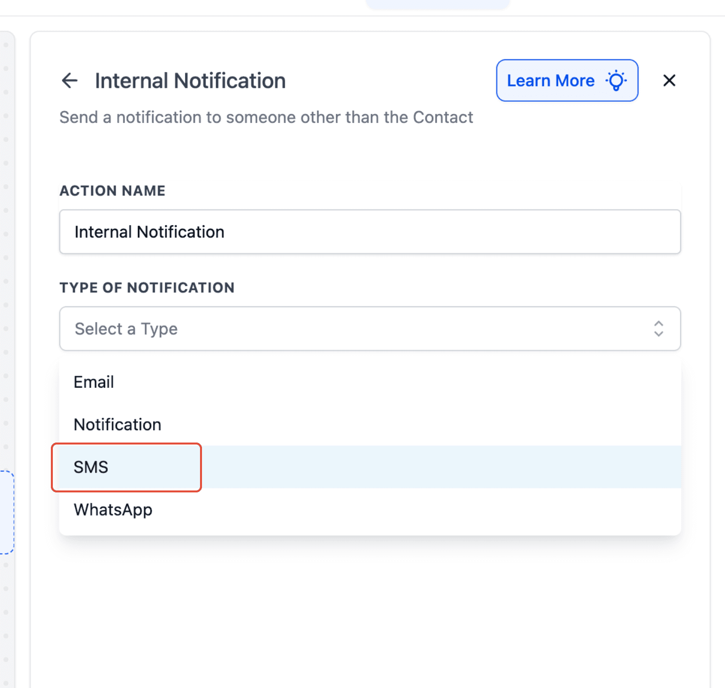 Pannello di configurazione della notifica interna
