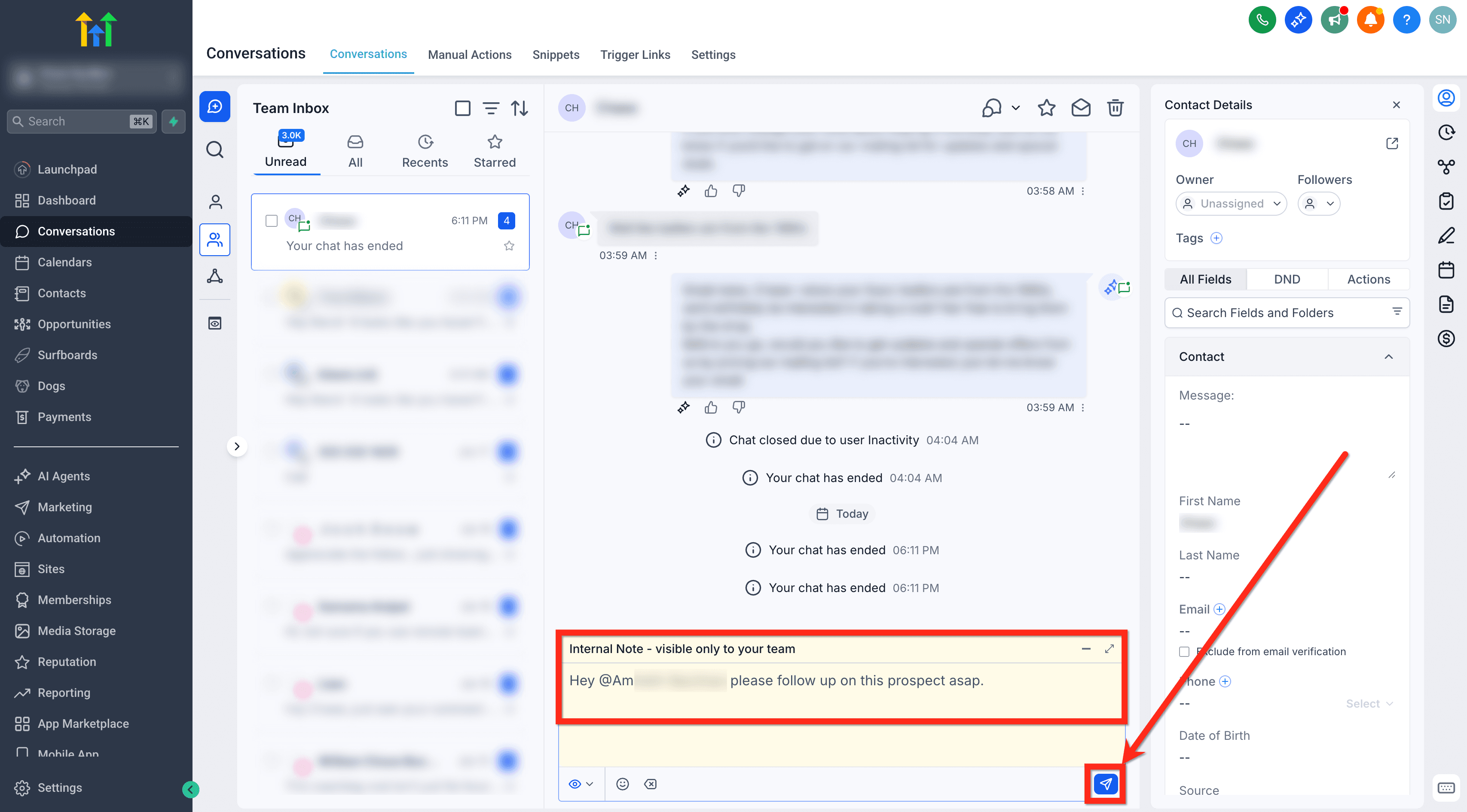 Schermata 4 — Conversazioni - Come aggiungere commenti interni e menzionare utenti