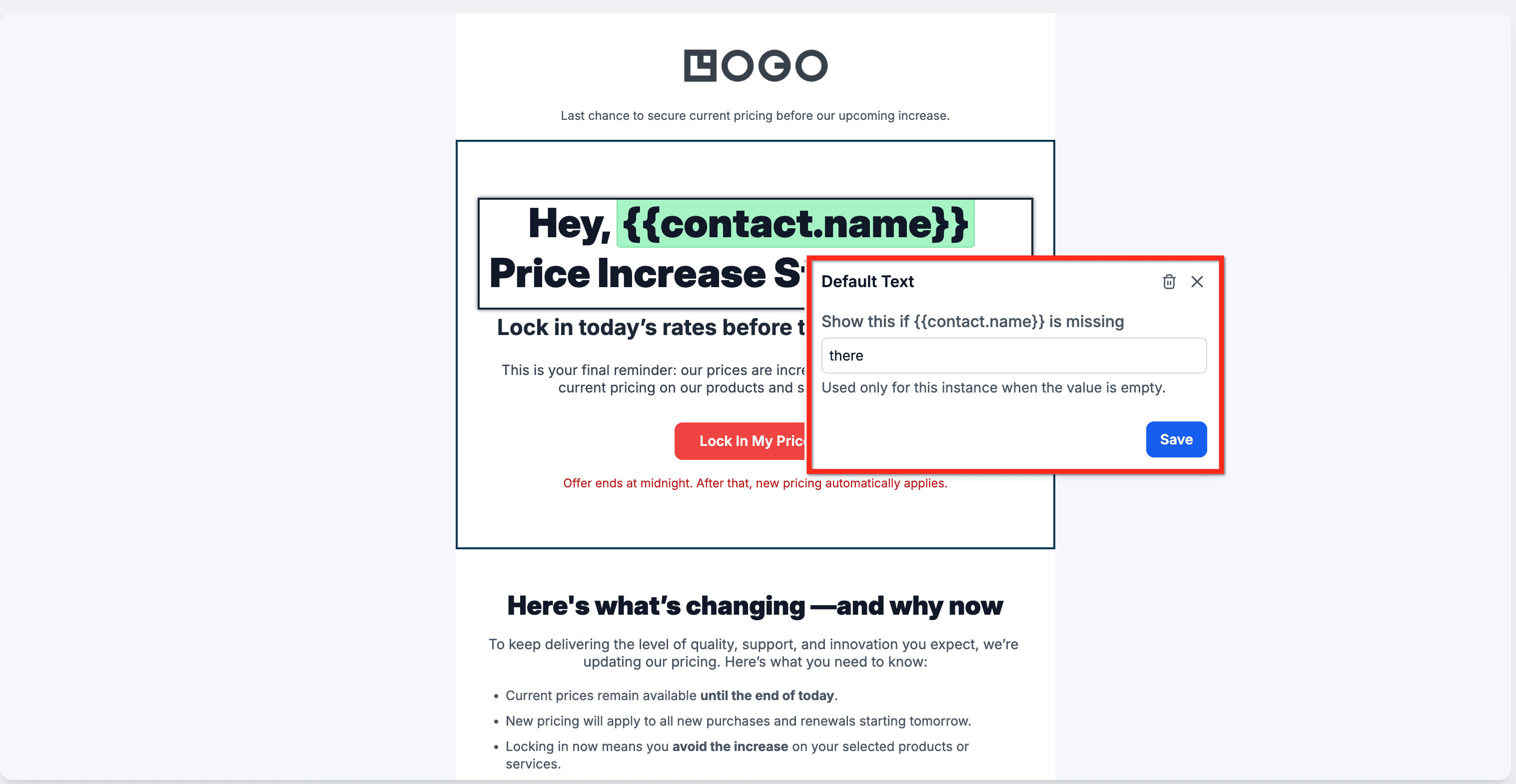 Schermata 1 — Impostare valori predefiniti per i Custom Value nelle email