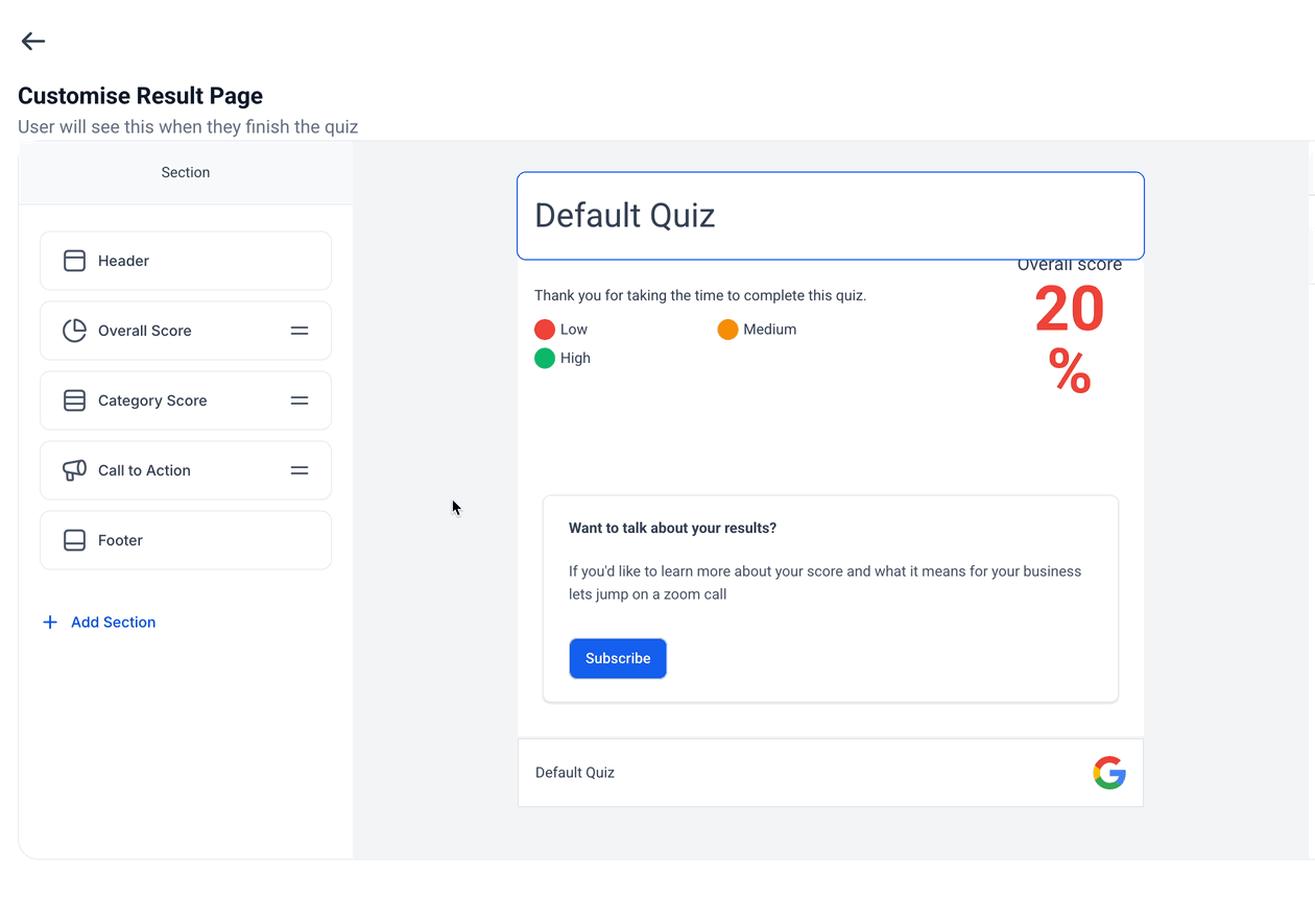 Schermata 6 — Personalizzare le pagine dei risultati del Quiz