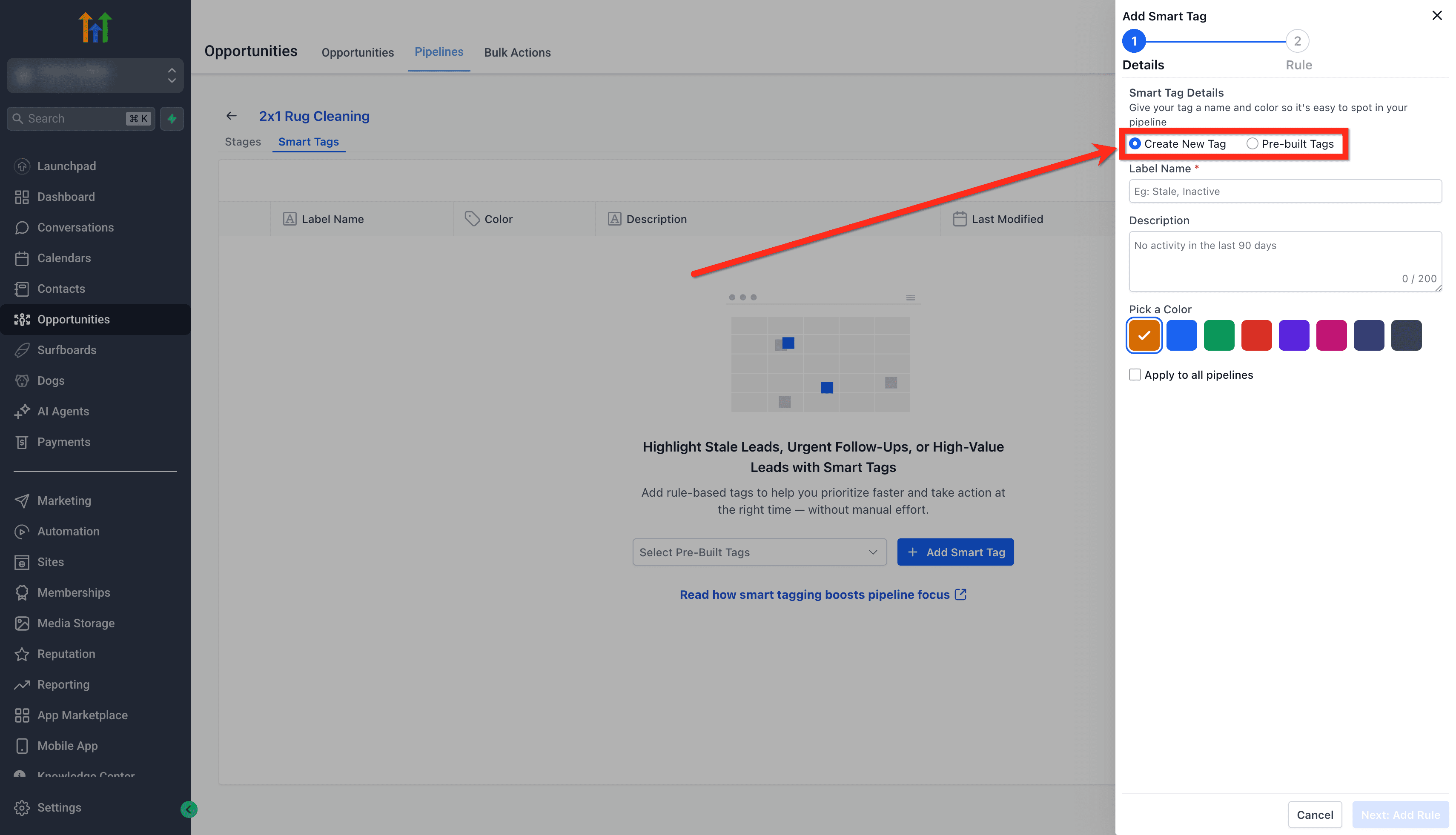 Schermata 5 — Come applicare colori alle Pipeline di Opportunità (Smart Tag)