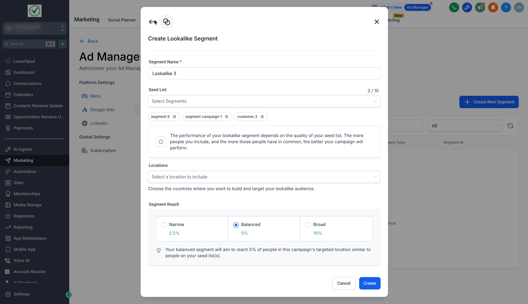 Schermata 9 — Ads Manager - Audience Segments per Google Ads