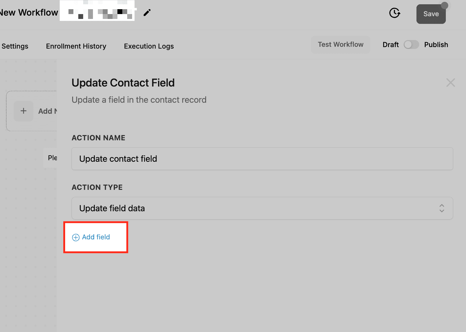 Schermata 6 — Azione Workflow - Aggiorna Campo Contatto