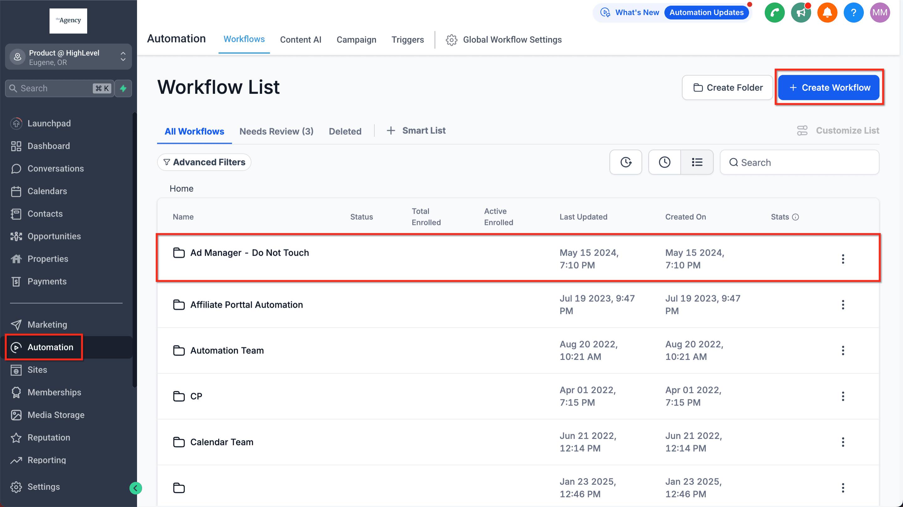 Schermata 1 — Azioni Workflow - Elimina Contatto